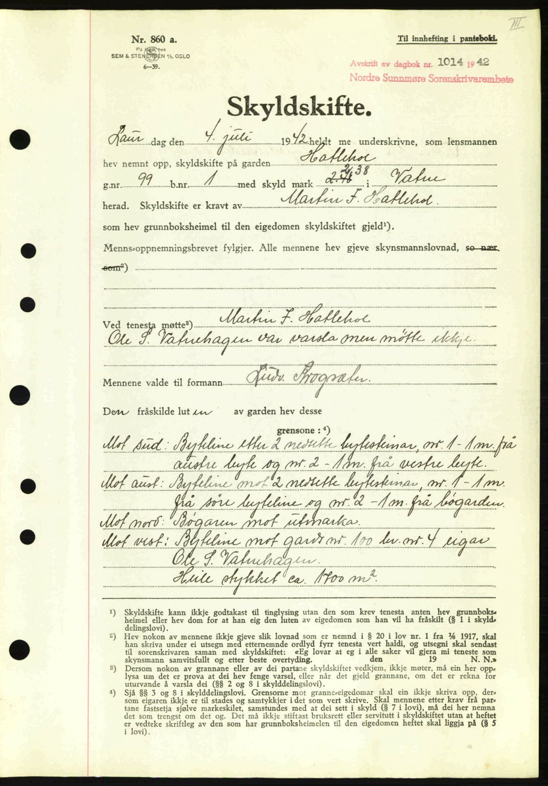 Nordre Sunnmøre sorenskriveri, SAT/A-0006/1/2/2C/2Ca: Pantebok nr. A13, 1942-1942, Dagboknr: 1014/1942