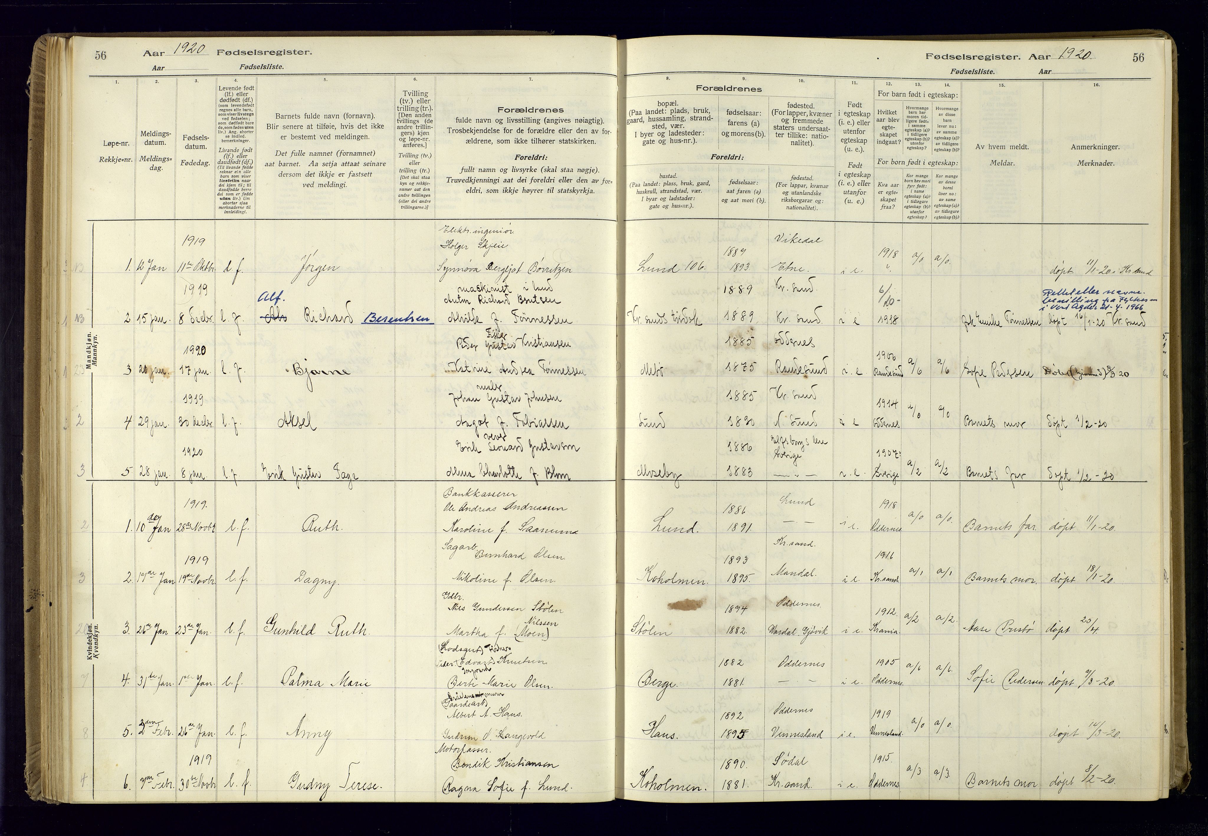 Oddernes sokneprestkontor, SAK/1111-0033/J/Ja/L0001: Fødselsregister nr. 1, 1916-1935, s. 56