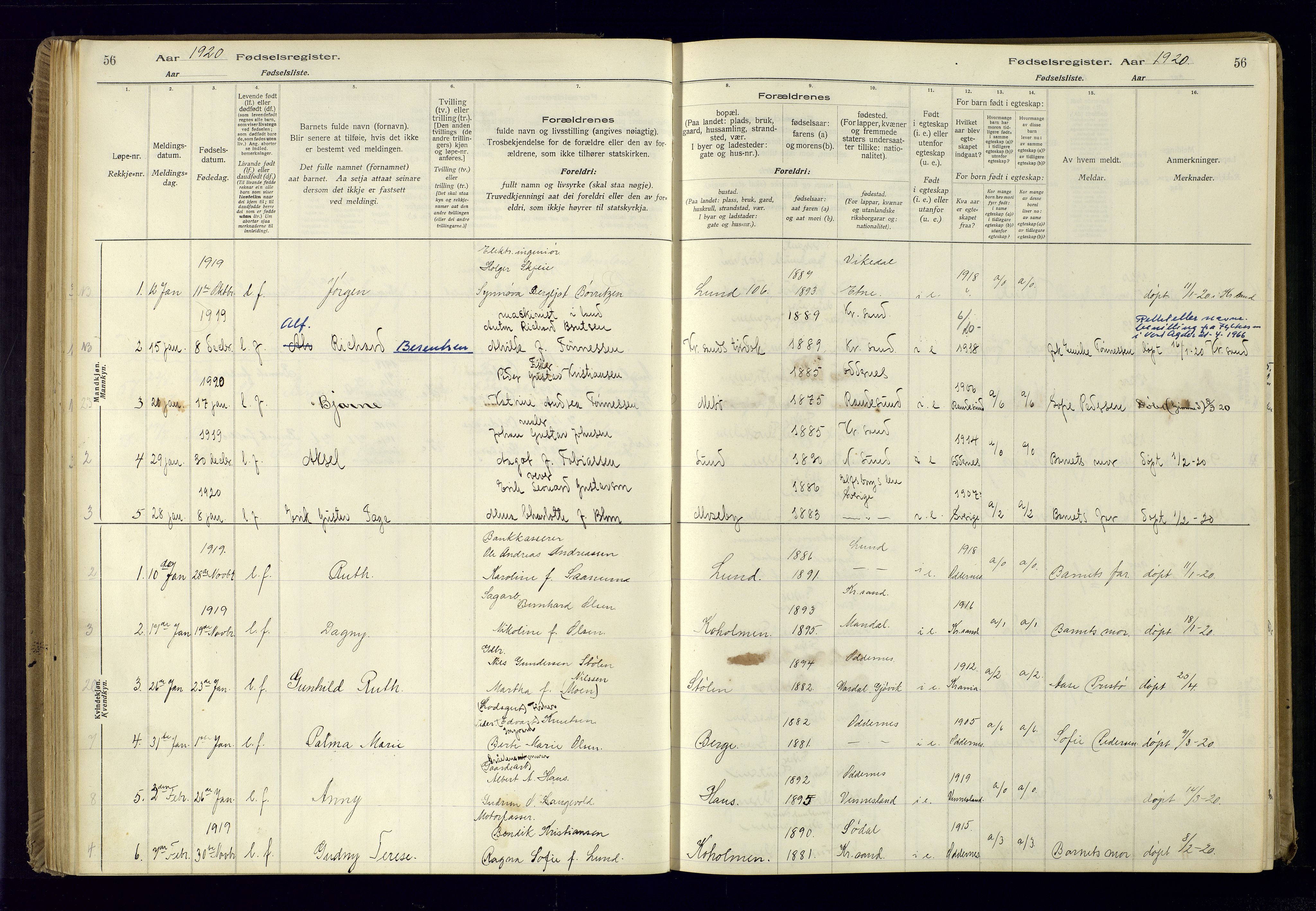Oddernes sokneprestkontor, AV/SAK-1111-0033/J/Ja/L0001: Fødselsregister nr. 1, 1916-1935, s. 56