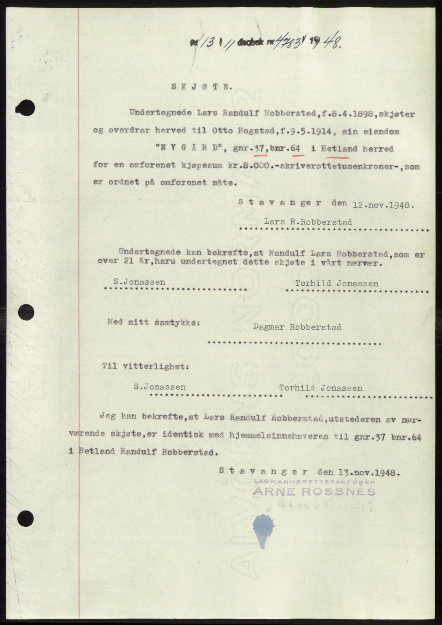 Jæren sorenskriveri, SAST/A-100310/03/G/Gba/L0100: Pantebok, 1948-1948, Dagboknr: 4783/1948