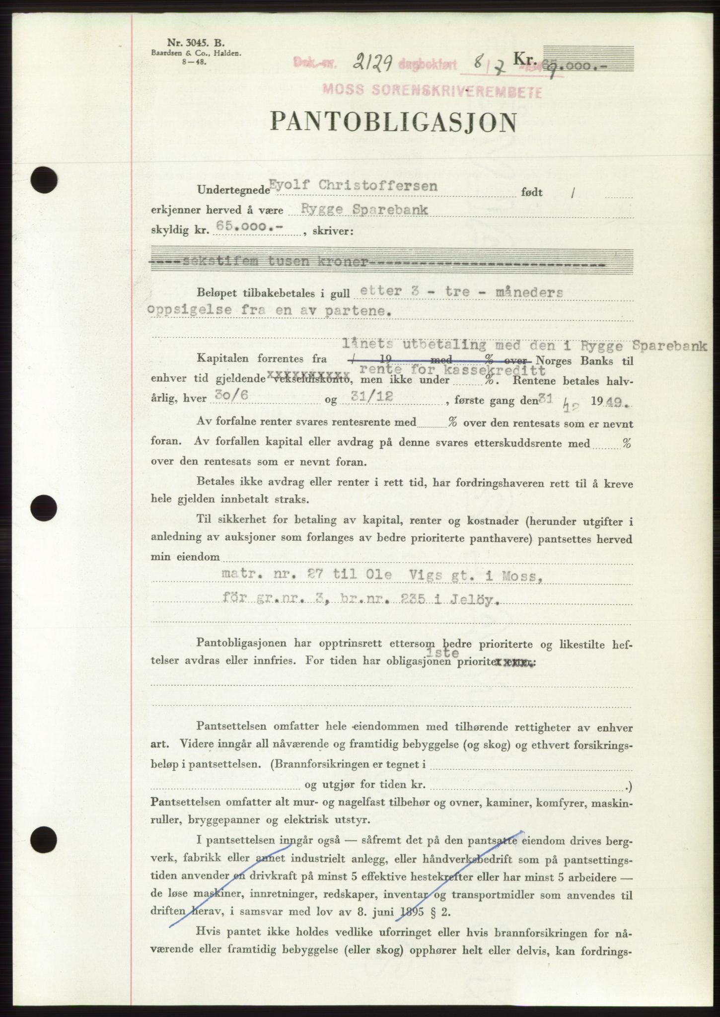 Moss sorenskriveri, SAO/A-10168: Pantebok nr. B22, 1949-1949, Dagboknr: 2129/1949