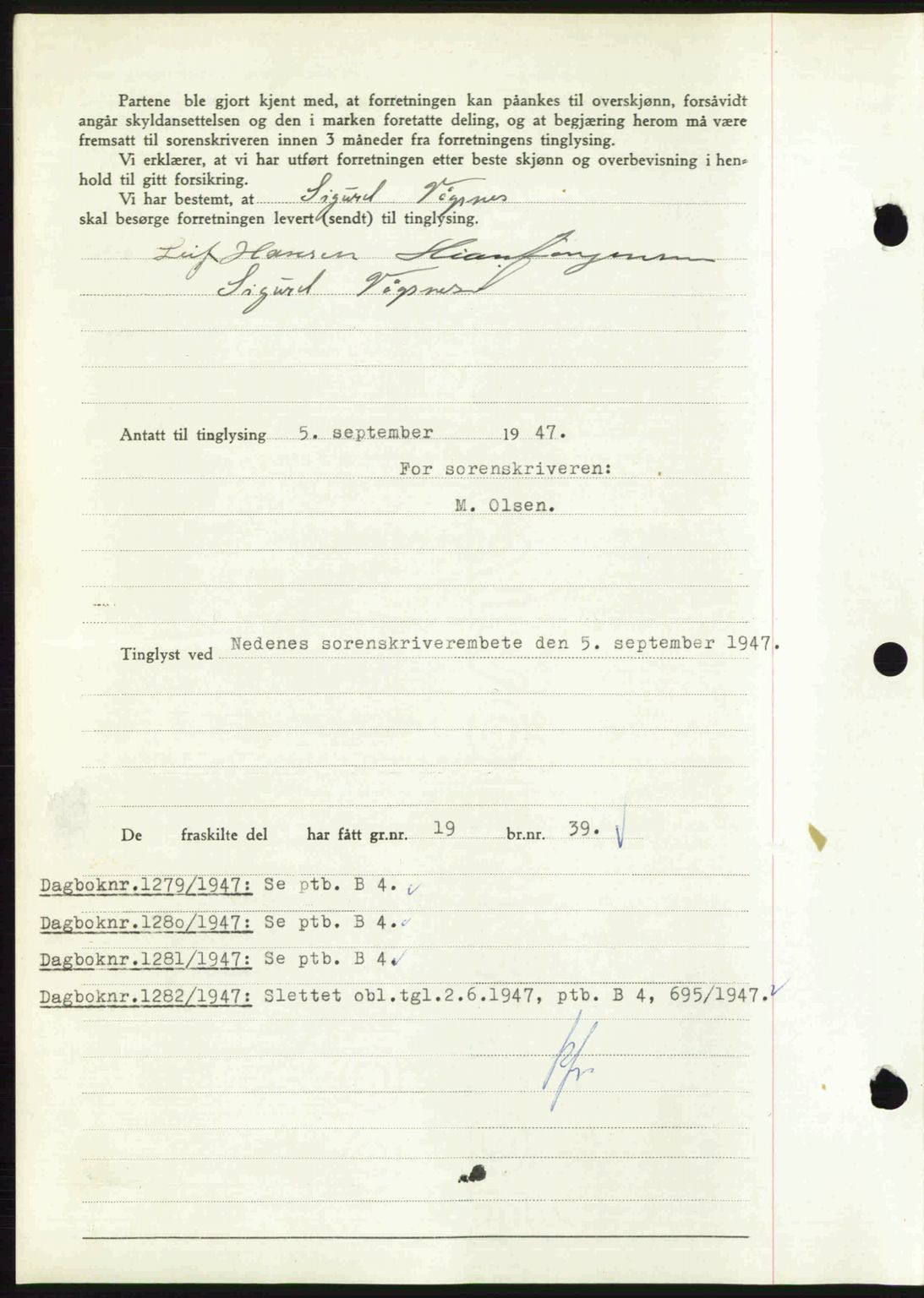 Nedenes sorenskriveri, SAK/1221-0006/G/Gb/Gba/L0058: Pantebok nr. A10, 1947-1948, Dagboknr: 1278/1947