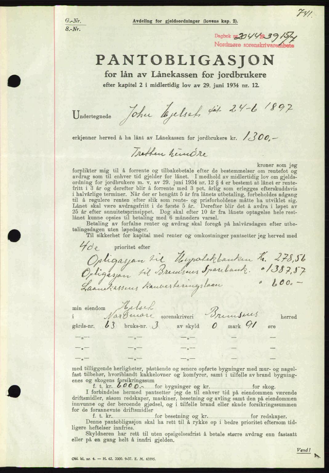 Nordmøre sorenskriveri, SAT/A-4132/1/2/2Ca: Pantebok nr. B85, 1939-1939, Dagboknr: 2044/1939