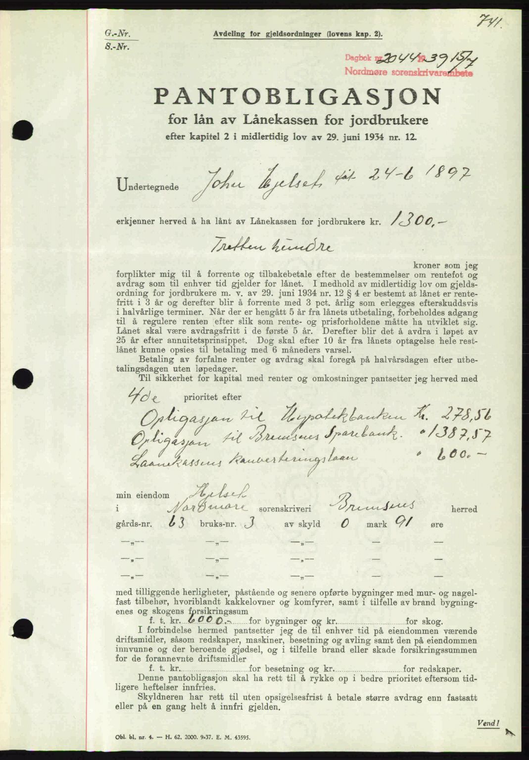 Nordmøre sorenskriveri, AV/SAT-A-4132/1/2/2Ca: Pantebok nr. B85, 1939-1939, Dagboknr: 2044/1939