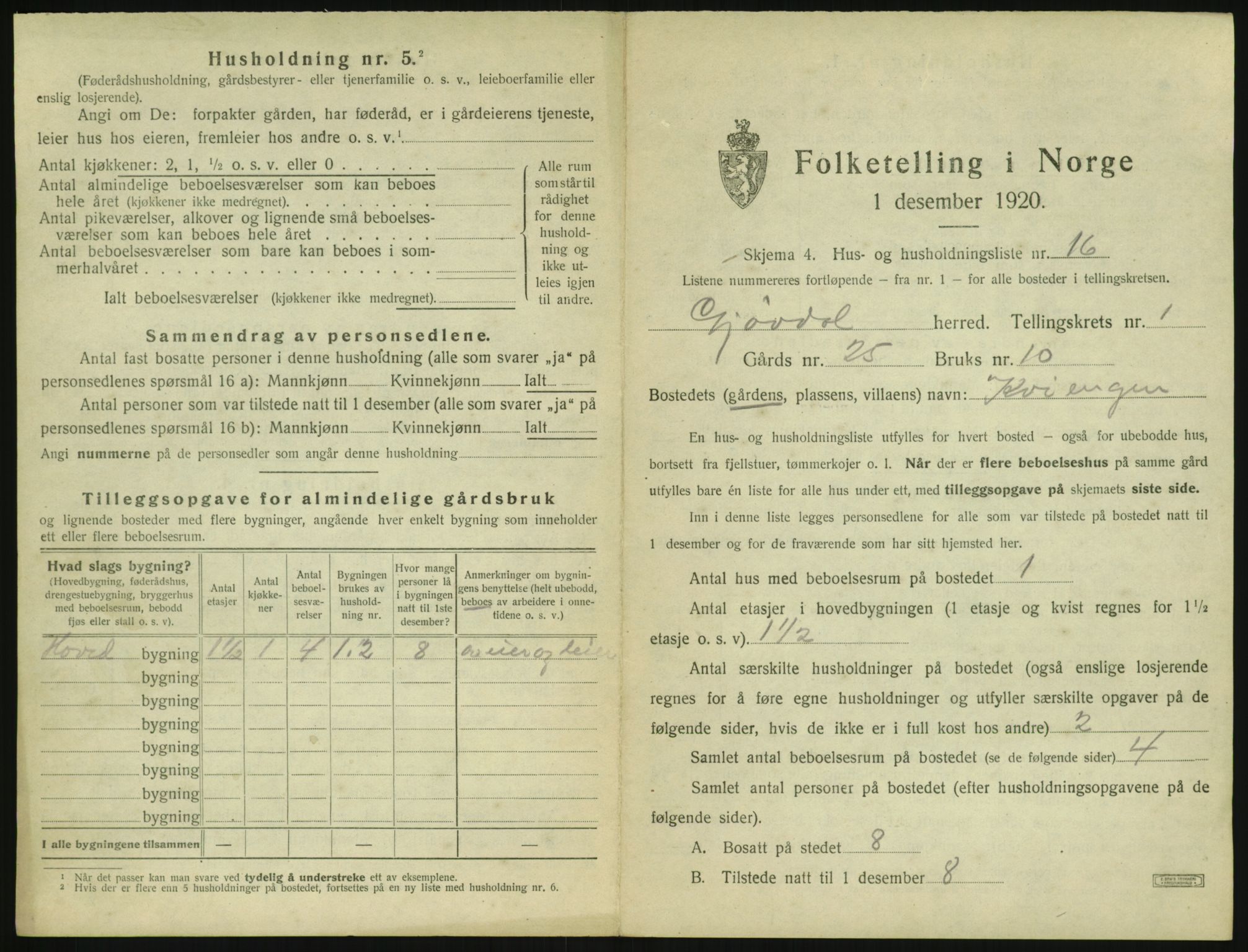 SAK, Folketelling 1920 for 0930 Gjøvdal herred, 1920, s. 52