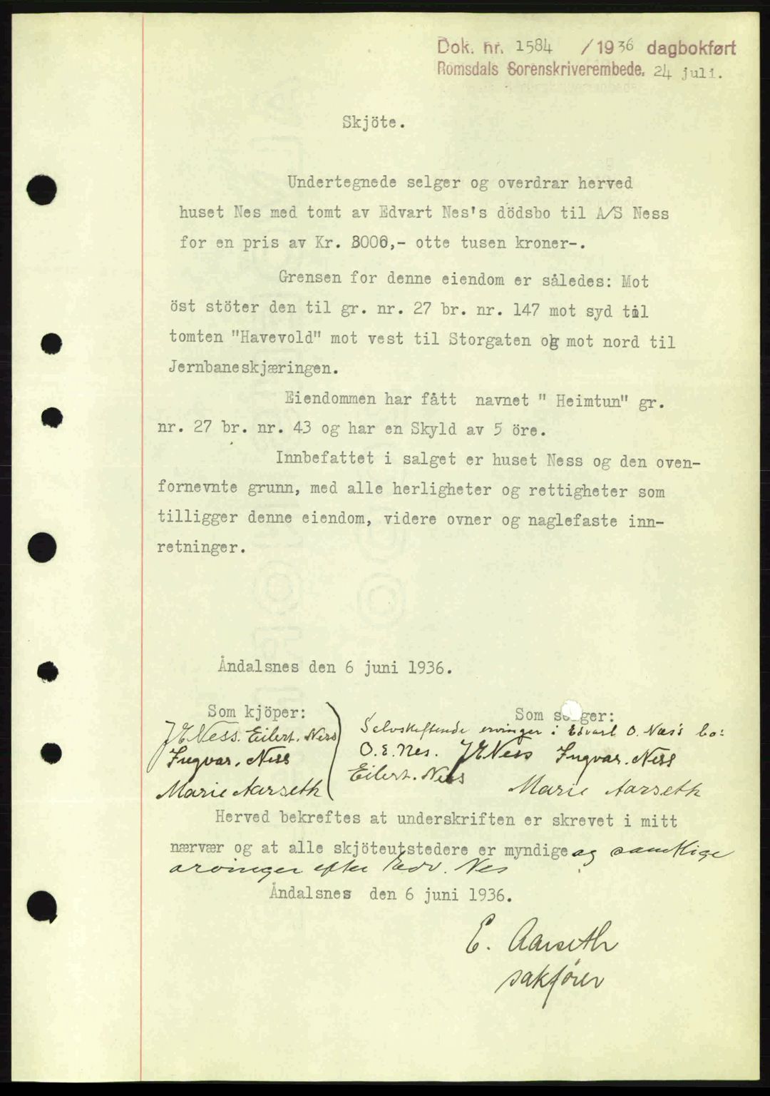 Romsdal sorenskriveri, SAT/A-4149/1/2/2C: Pantebok nr. A1, 1936-1936, Dagboknr: 1584/1936