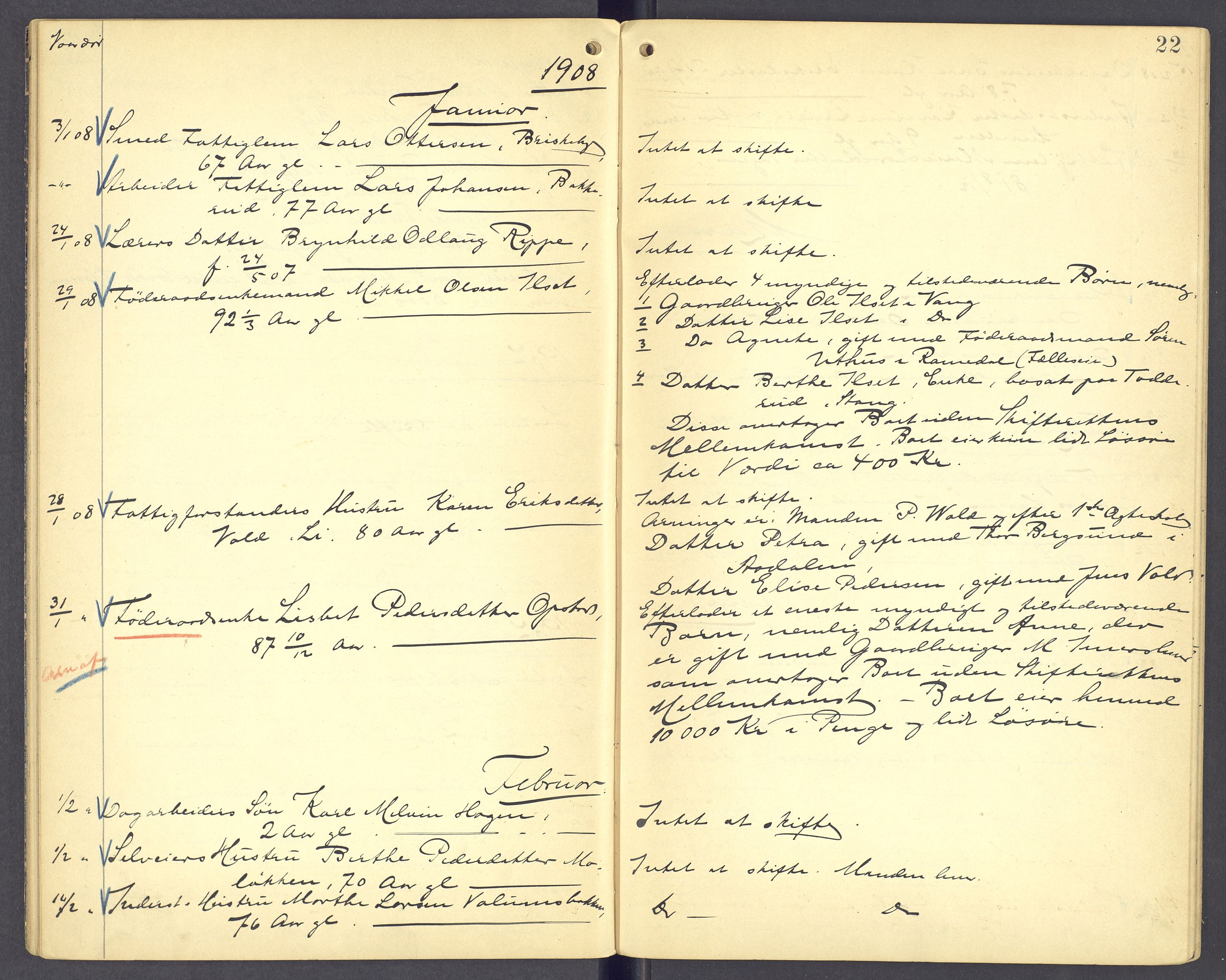 Nord-Hedmark sorenskriveri, AV/SAH-TING-012/J/Ji/L0008: Dødsfallsprotokoll - Vang, 1904-1909, s. 22