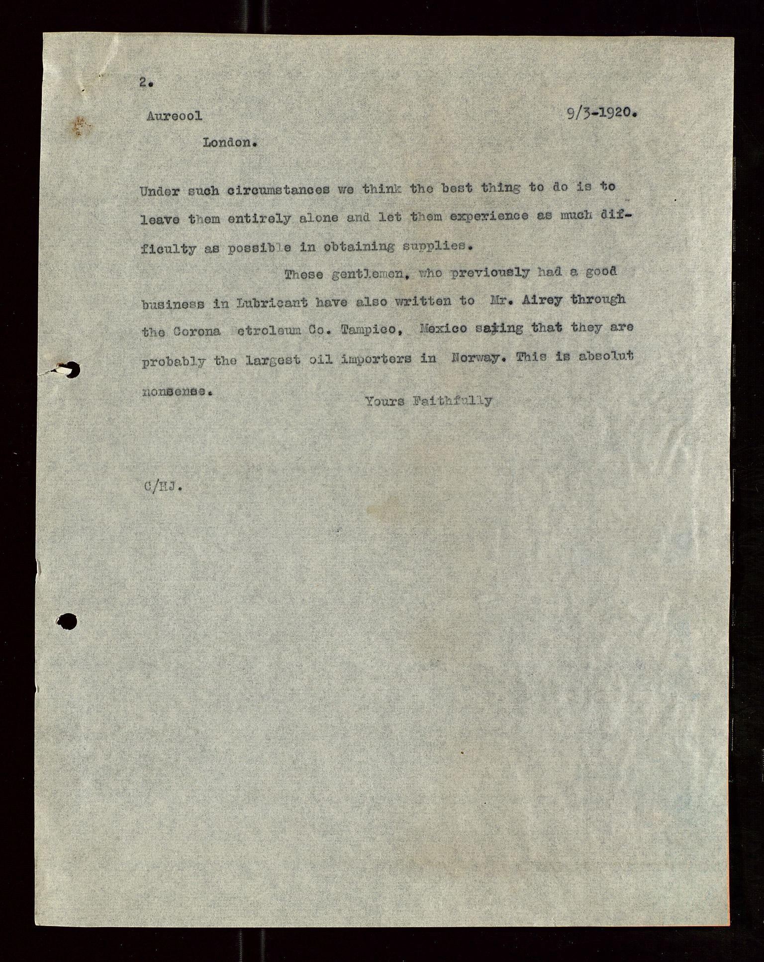 Pa 1521 - A/S Norske Shell, AV/SAST-A-101915/E/Ea/Eaa/L0008: Sjefskorrespondanse, 1920, s. 9