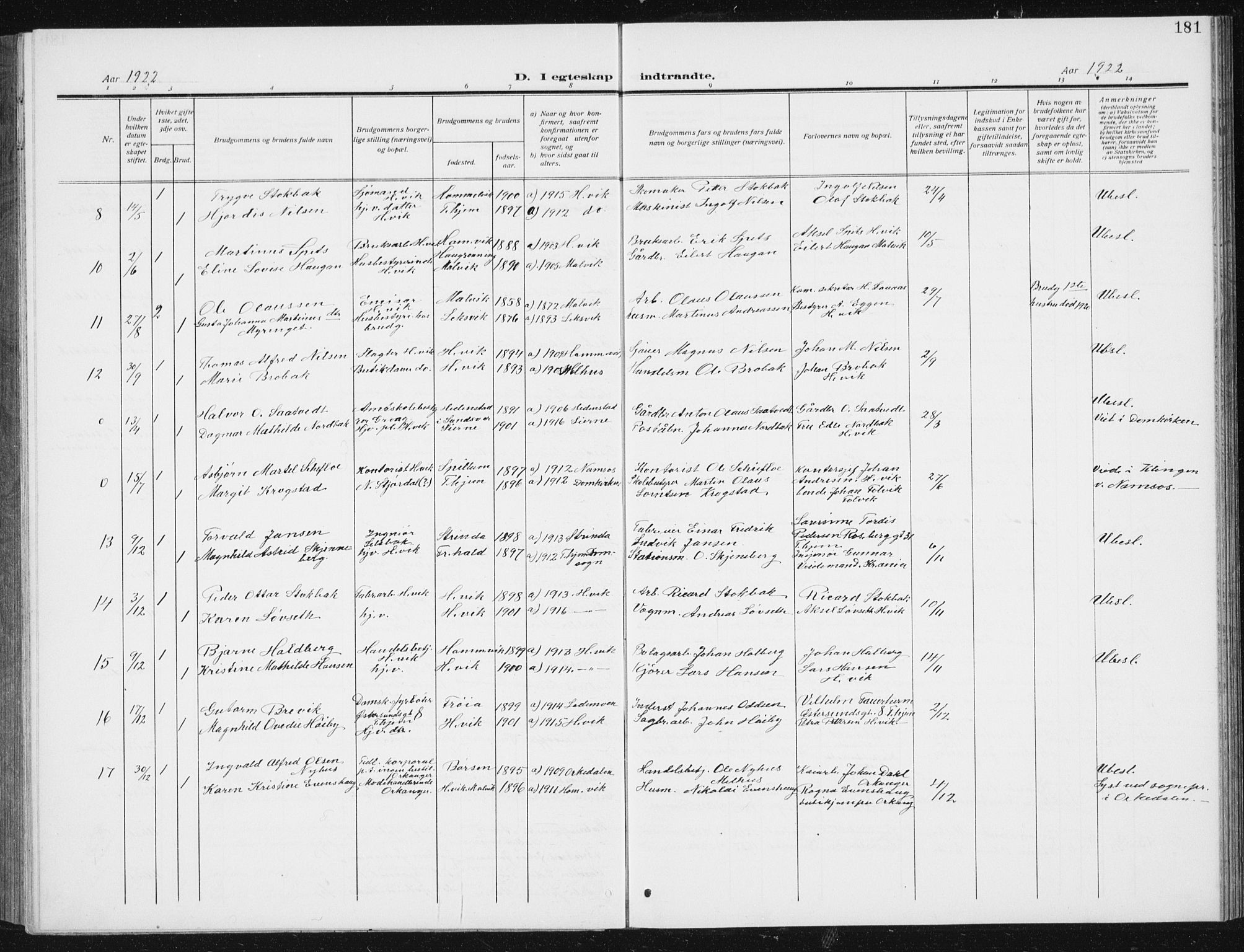 Ministerialprotokoller, klokkerbøker og fødselsregistre - Sør-Trøndelag, SAT/A-1456/617/L0431: Klokkerbok nr. 617C02, 1910-1936, s. 181