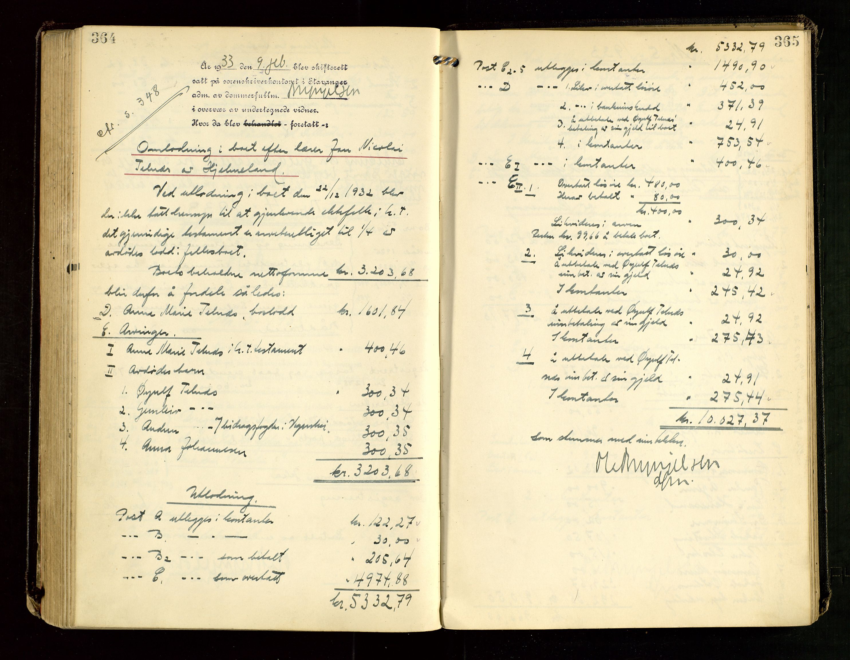 Ryfylke tingrett, AV/SAST-A-100055/001/IV/IVG/L0007: Skifteutlodningsprotokoll Med register, 1929-1933, s. 364-365