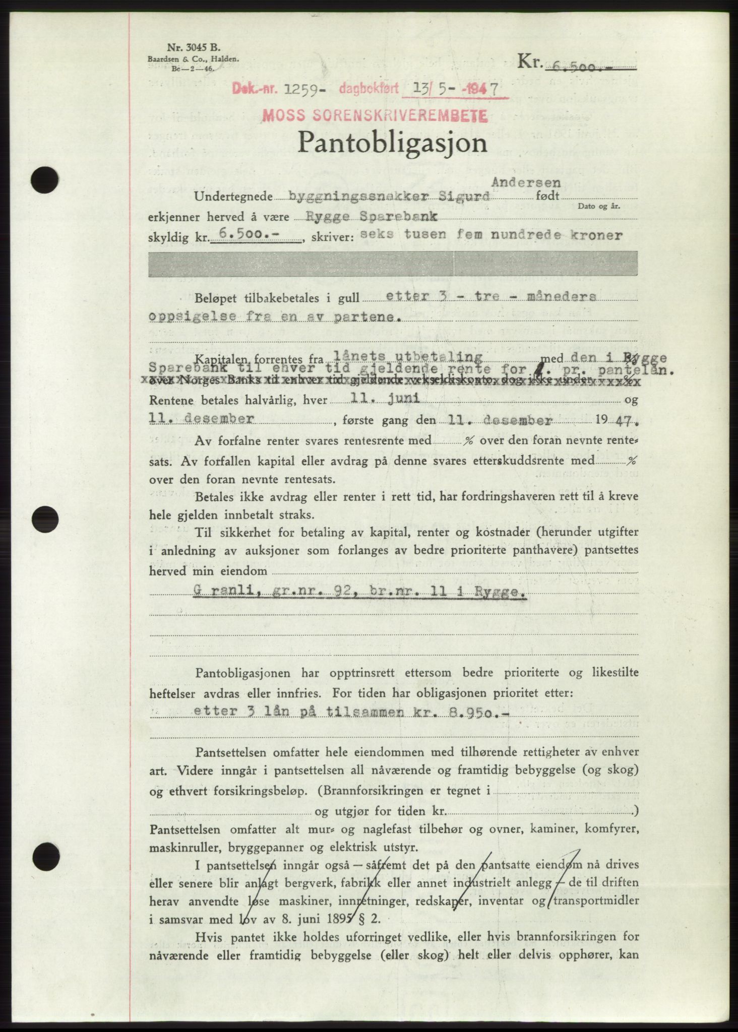 Moss sorenskriveri, SAO/A-10168: Pantebok nr. B17, 1947-1947, Dagboknr: 1259/1947