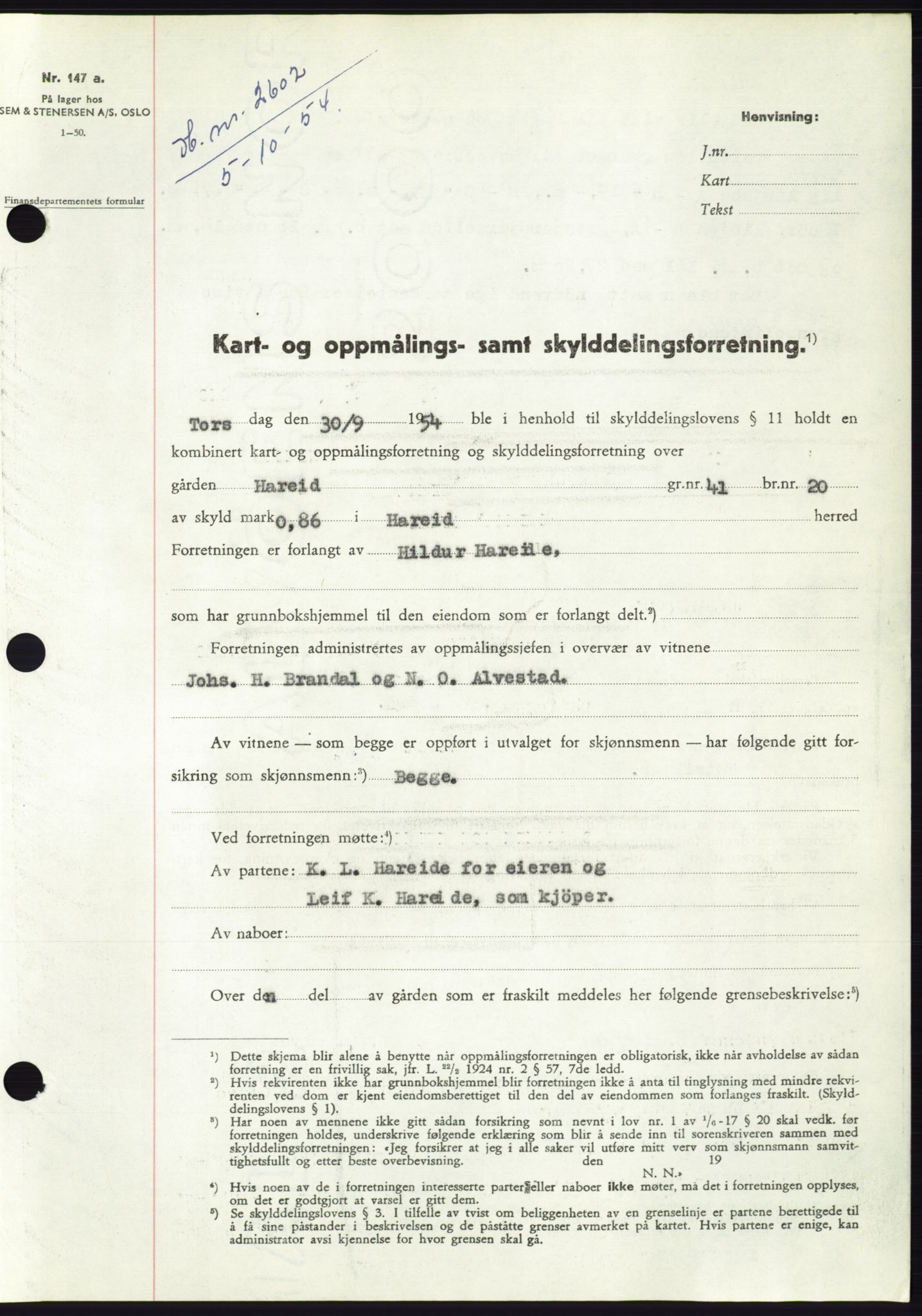 Søre Sunnmøre sorenskriveri, AV/SAT-A-4122/1/2/2C/L0099: Pantebok nr. 25A, 1954-1954, Dagboknr: 2602/1954