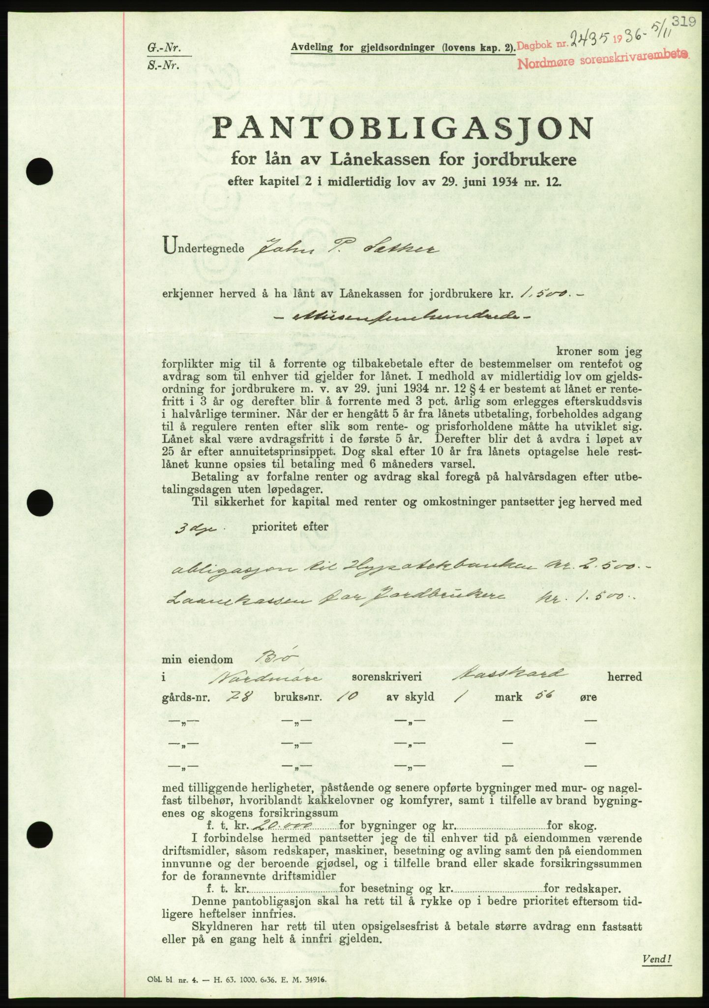 Nordmøre sorenskriveri, AV/SAT-A-4132/1/2/2Ca/L0090: Pantebok nr. B80, 1936-1937, Dagboknr: 2435/1936