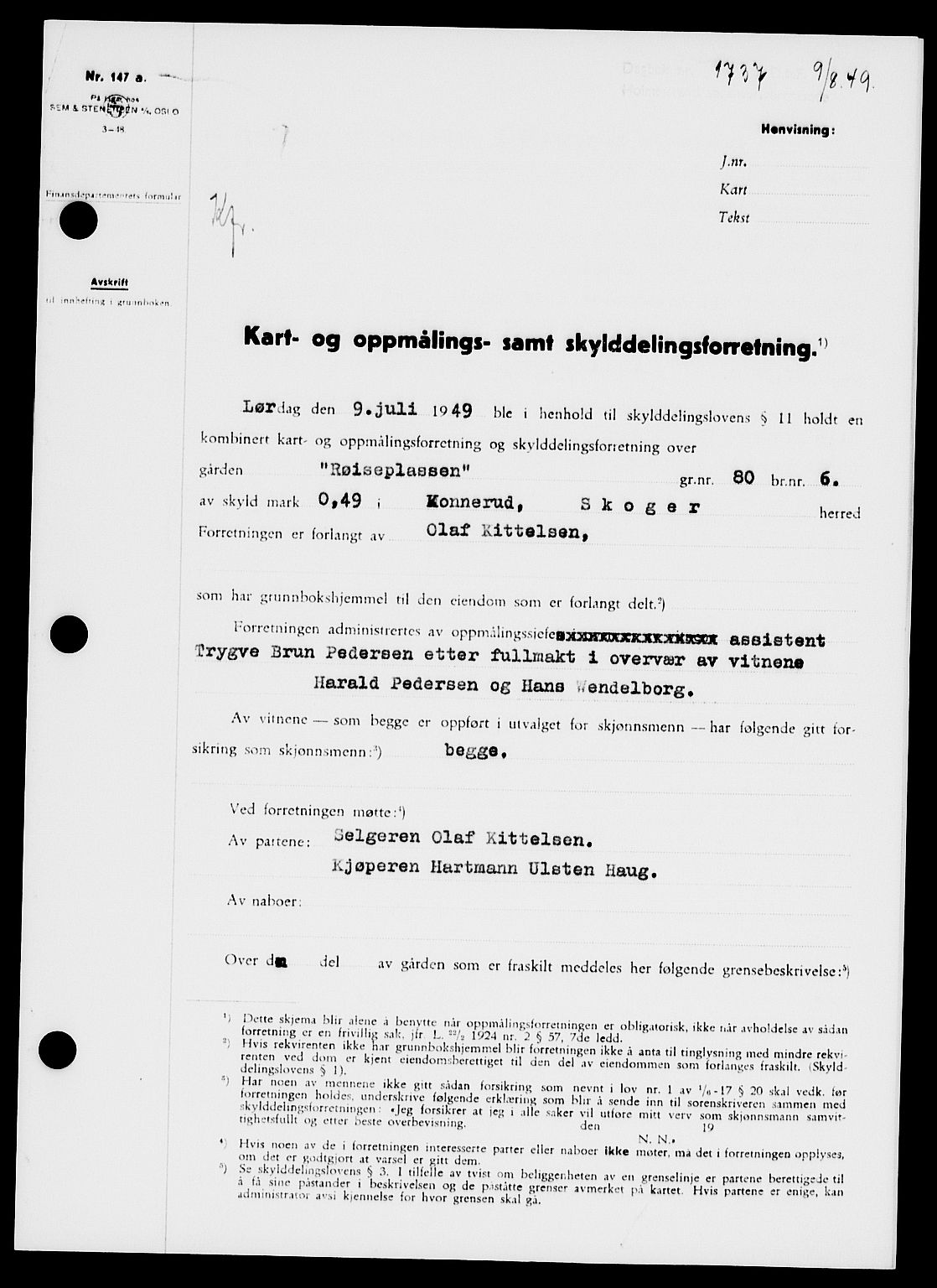 Holmestrand sorenskriveri, SAKO/A-67/G/Ga/Gaa/L0067: Pantebok nr. A-67, 1949-1949, Dagboknr: 1737/1949