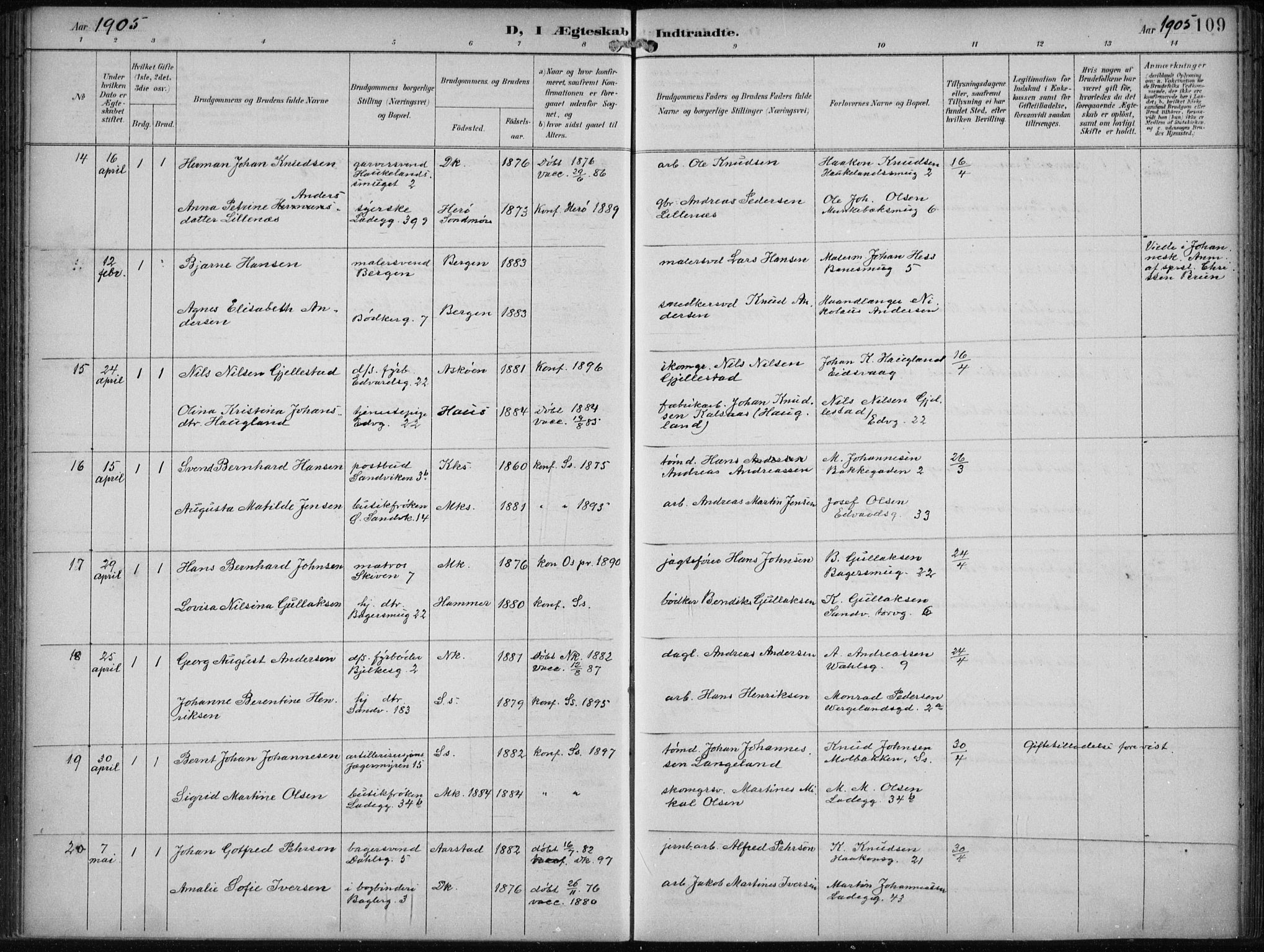 Sandviken Sokneprestembete, AV/SAB-A-77601/H/Ha/L0014: Ministerialbok nr. D 1, 1896-1911, s. 109