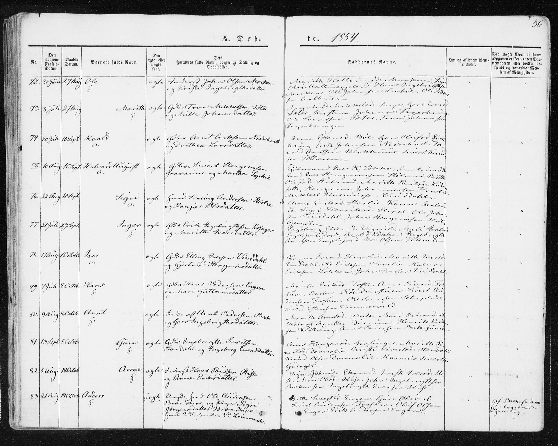 Ministerialprotokoller, klokkerbøker og fødselsregistre - Sør-Trøndelag, SAT/A-1456/678/L0899: Ministerialbok nr. 678A08, 1848-1872, s. 56