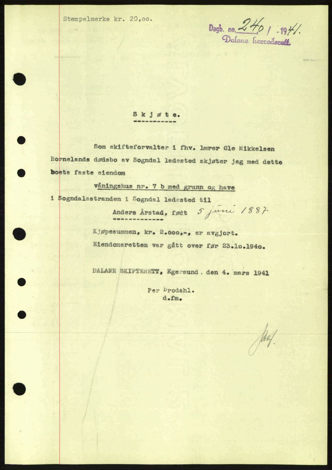 Dalane sorenskriveri, SAST/A-100309/02/G/Gb/L0044: Pantebok nr. A5, 1940-1941, Dagboknr: 240/1941
