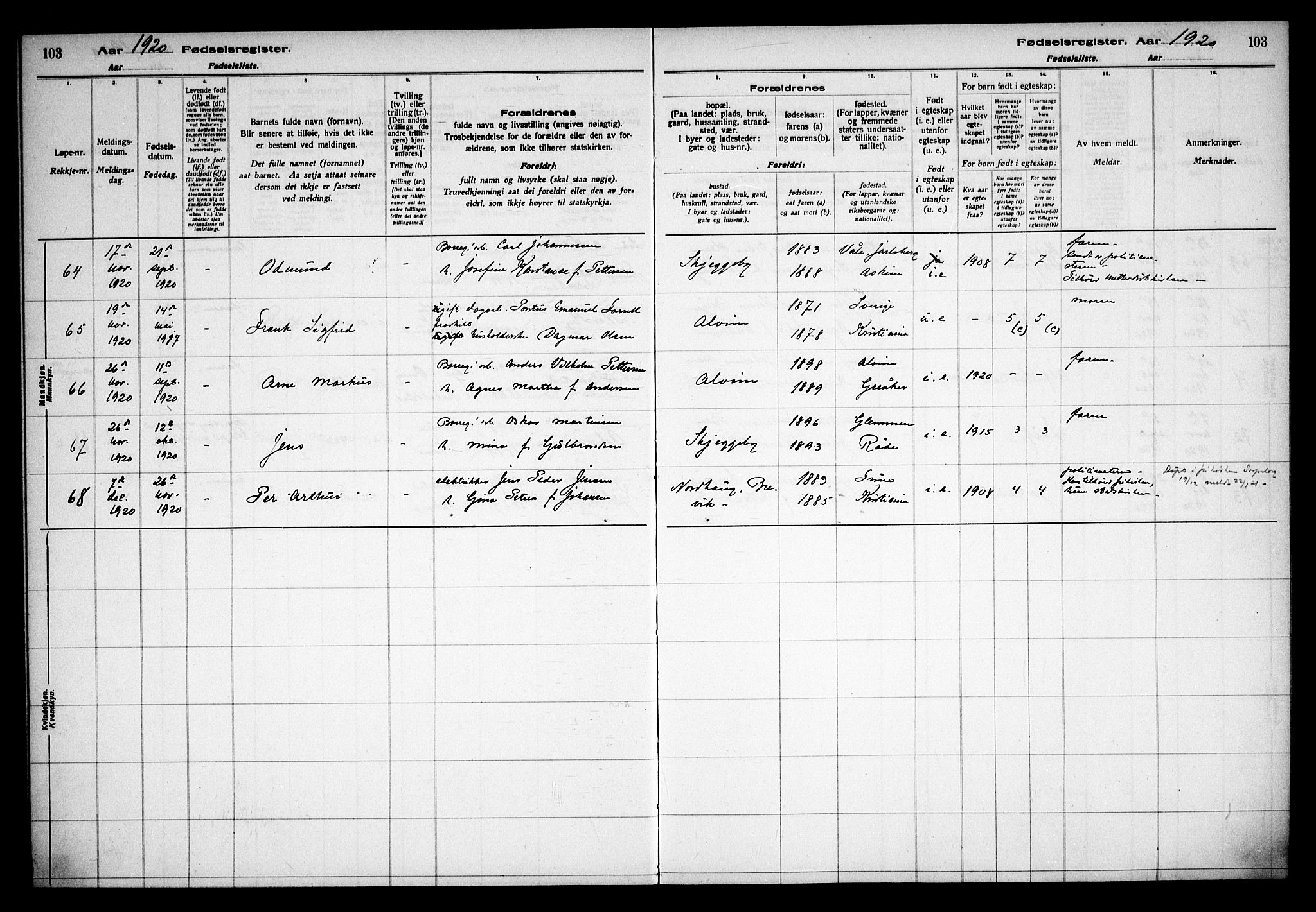 Tune prestekontor Kirkebøker, AV/SAO-A-2007/J/Ja/L0001: Fødselsregister nr. I 1, 1916-1928, s. 103