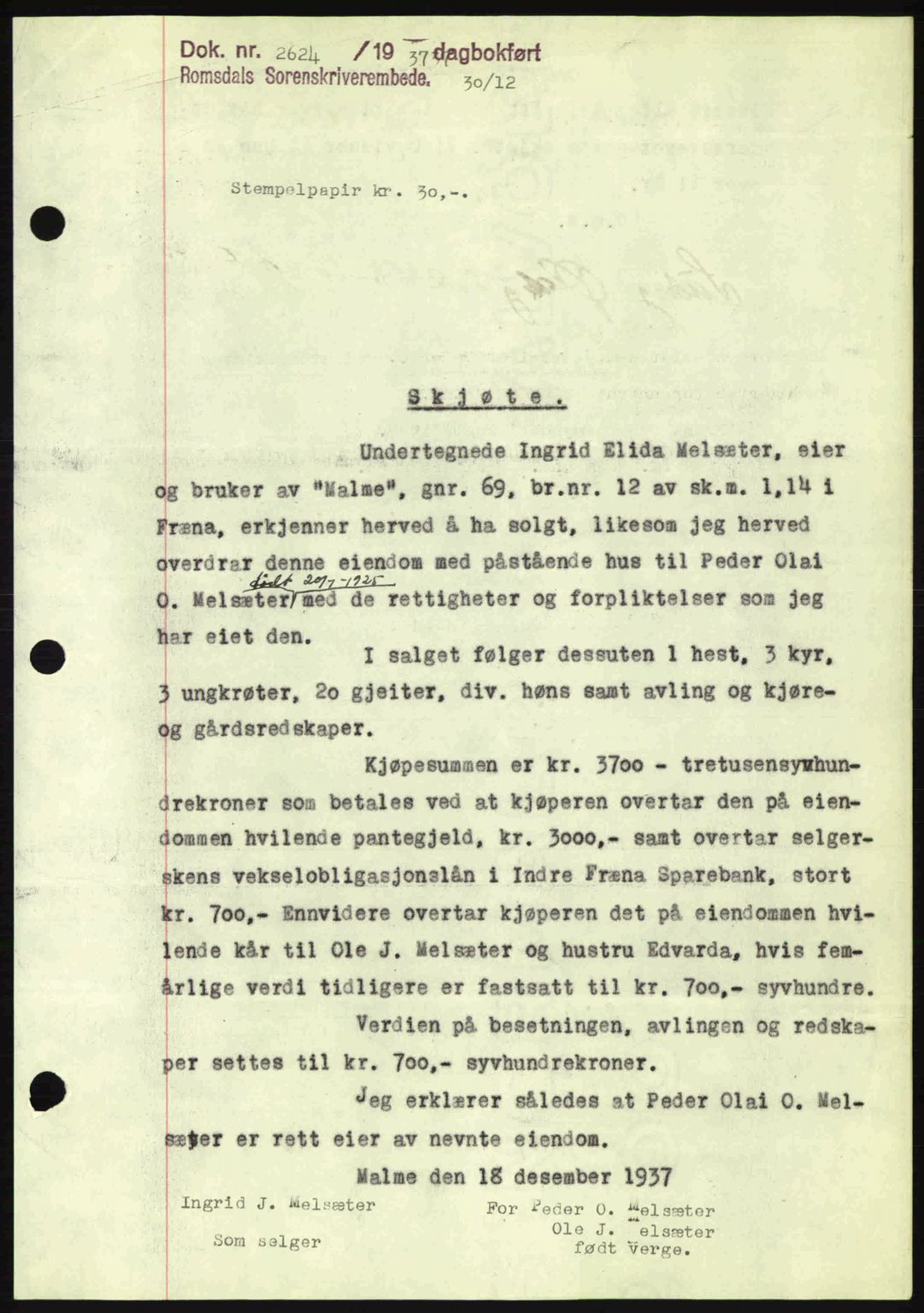 Romsdal sorenskriveri, SAT/A-4149/1/2/2C: Pantebok nr. A4, 1937-1938, Dagboknr: 2624/1937