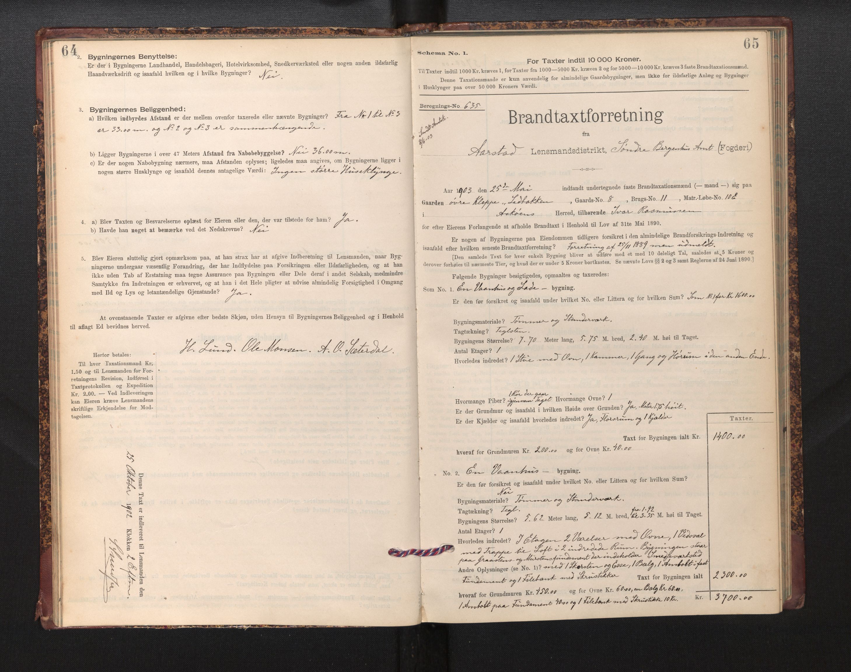 Lensmannen i Årstad, SAB/A-36201/0012/L0013: Branntakstprotokoll,skjematakst, 1901-1907, s. 64-65