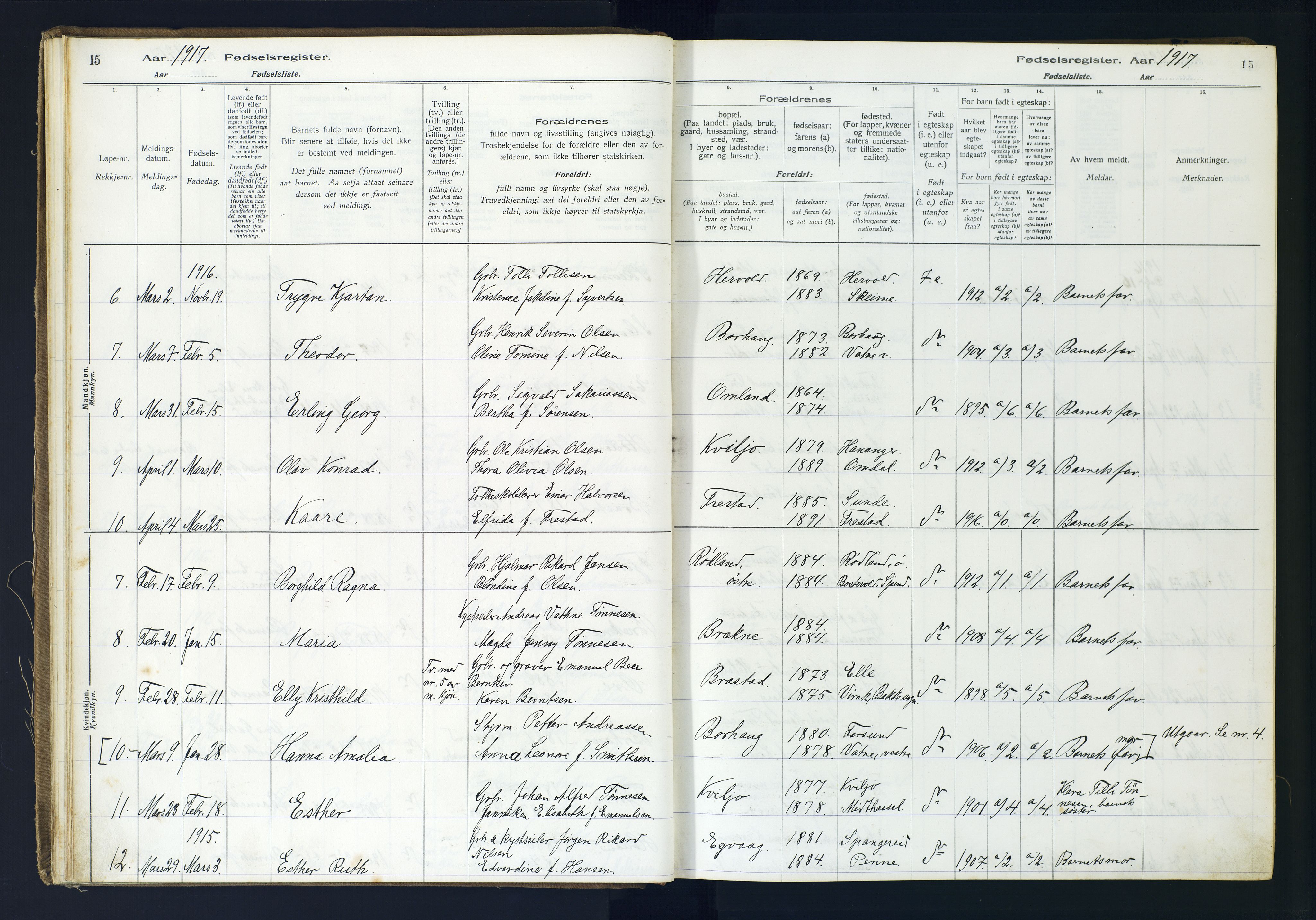 Lista sokneprestkontor, SAK/1111-0027/J/Ja/L0001: Fødselsregister nr. A-VI-30, 1916-1934, s. 15