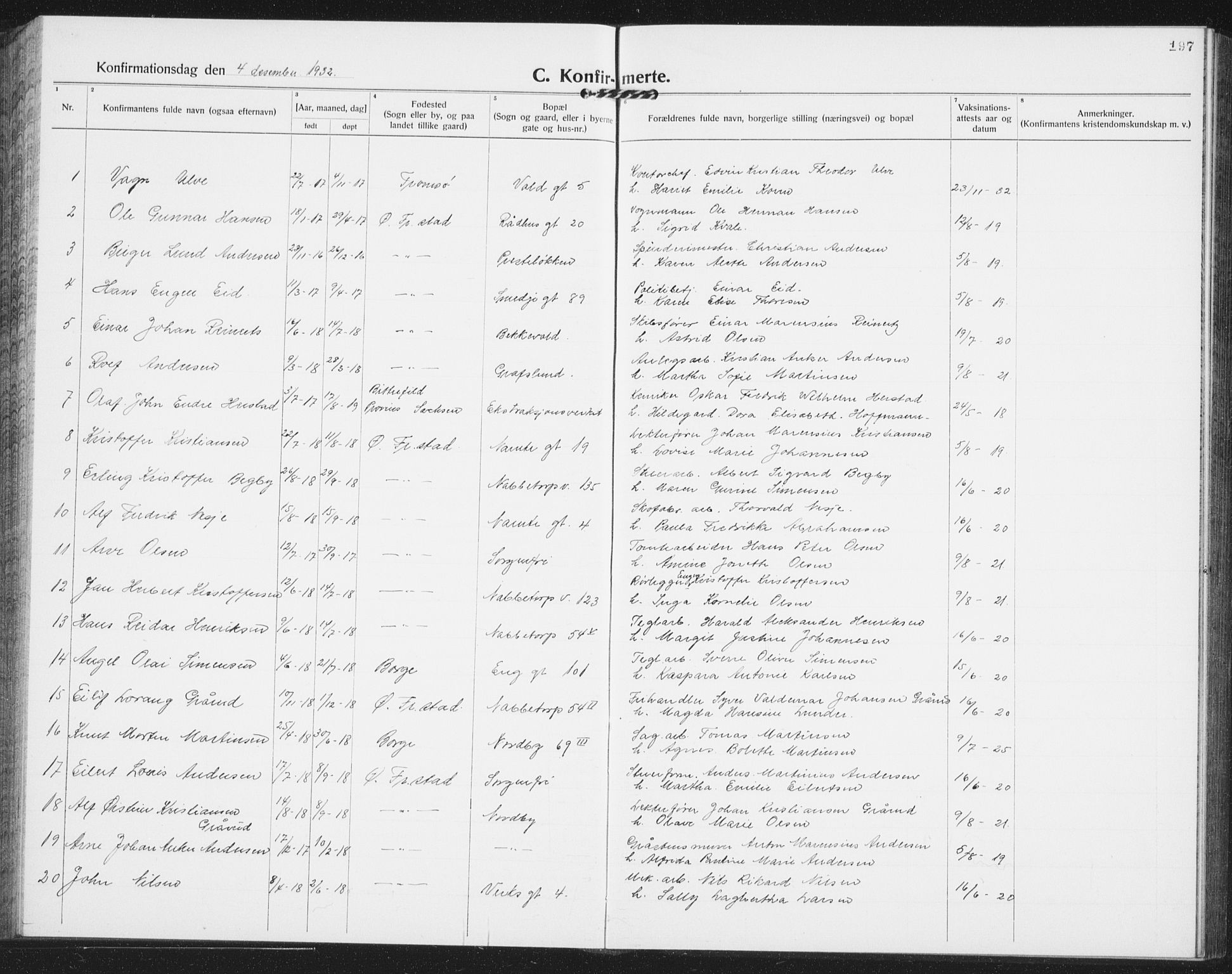 Østre Fredrikstad prestekontor Kirkebøker, AV/SAO-A-10907/G/Ga/L0003: Klokkerbok nr. 3, 1920-1940, s. 197