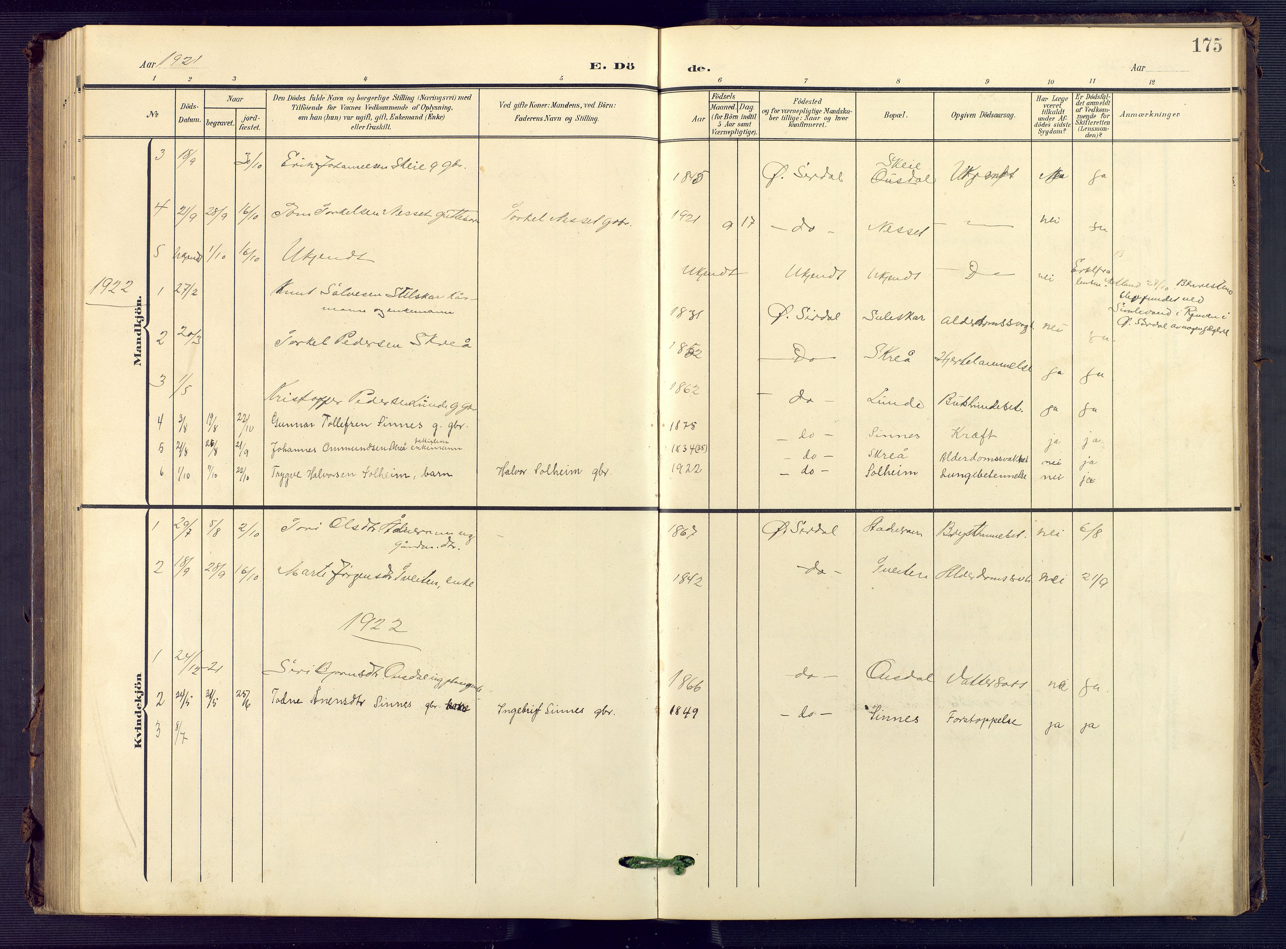 Sirdal sokneprestkontor, AV/SAK-1111-0036/F/Fb/Fba/L0002: Klokkerbok nr. B 2, 1905-1958, s. 175