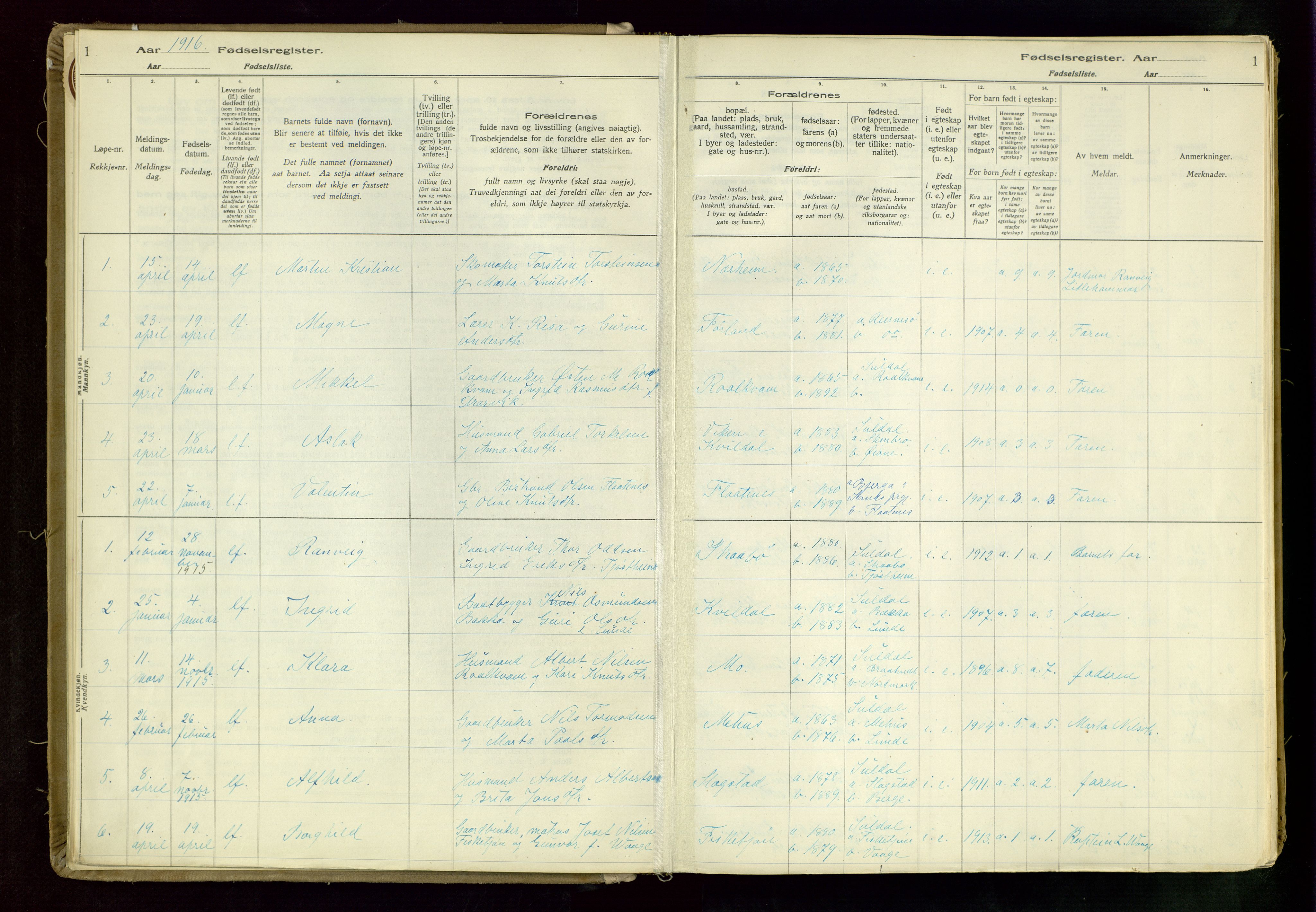Suldal sokneprestkontor, SAST/A-101845/03/A/L0002: Fødselsregister nr. 2, 1916-1982, s. 1