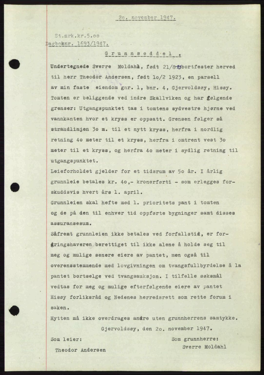 Nedenes sorenskriveri, SAK/1221-0006/G/Gb/Gba/L0058: Pantebok nr. A10, 1947-1948, Dagboknr: 1693/1947