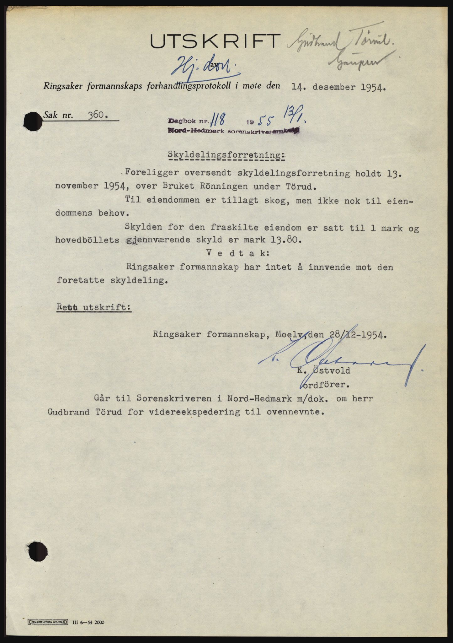 Nord-Hedmark sorenskriveri, SAH/TING-012/H/Hc/L0010: Pantebok nr. 10, 1955-1956, Dagboknr: 118/1955