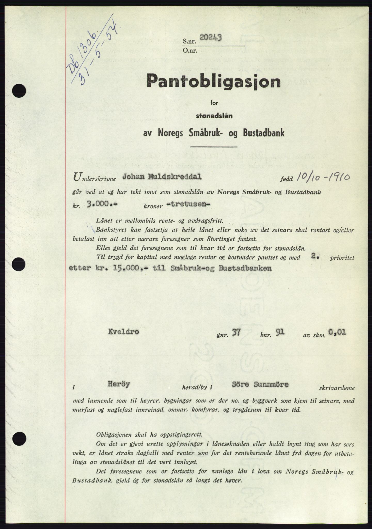 Søre Sunnmøre sorenskriveri, SAT/A-4122/1/2/2C/L0125: Pantebok nr. 13B, 1954-1954, Dagboknr: 1306/1954