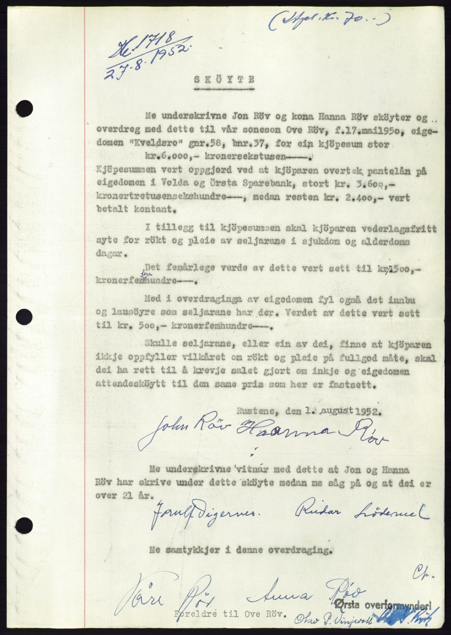 Søre Sunnmøre sorenskriveri, AV/SAT-A-4122/1/2/2C/L0092: Pantebok nr. 18A, 1952-1952, Dagboknr: 1718/1952