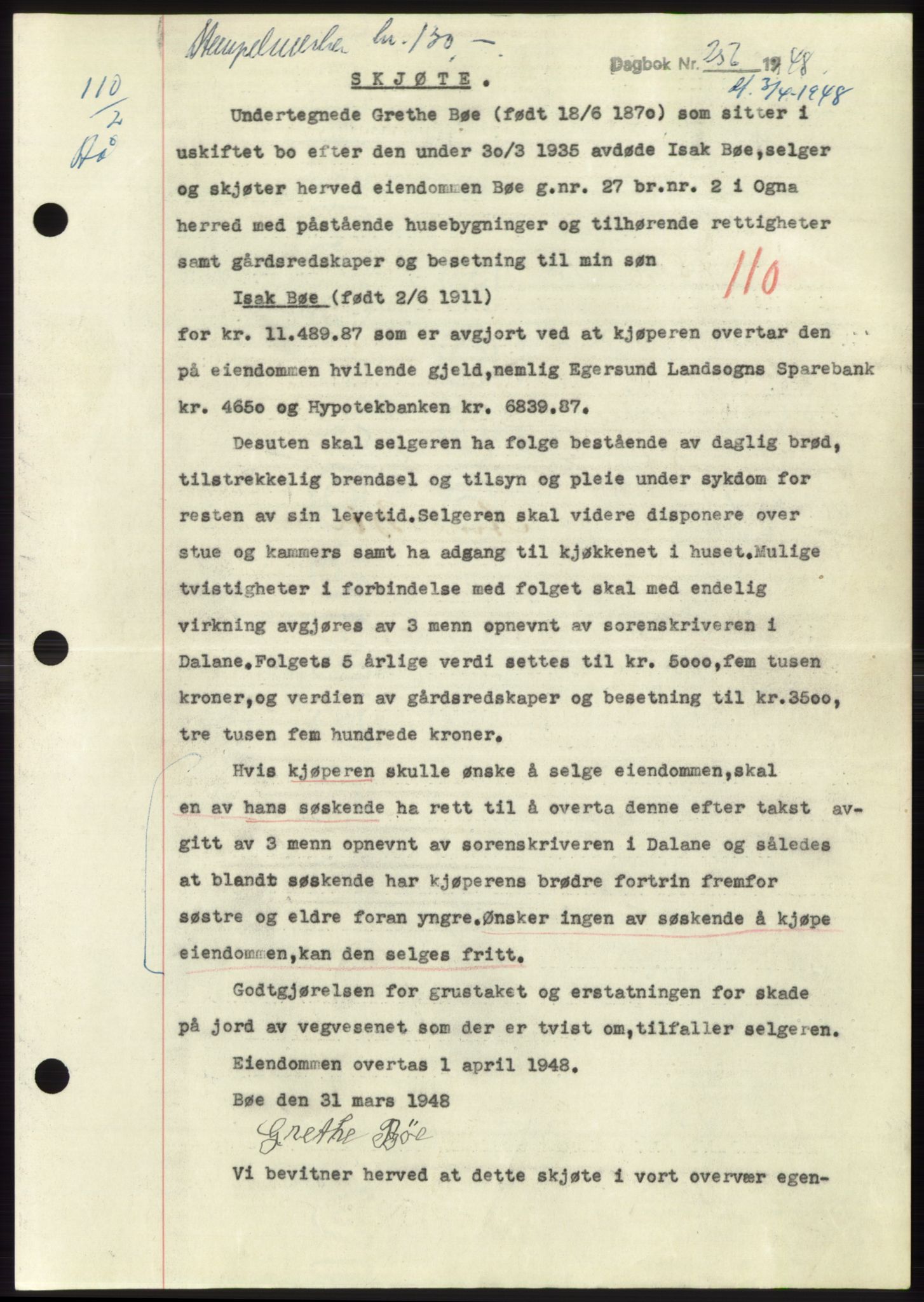 Dalane sorenskriveri, SAST/A-100309/02/G/Gb/L0058: Pantebok, 1926-1950, Tingl.dato: 03.04.1948