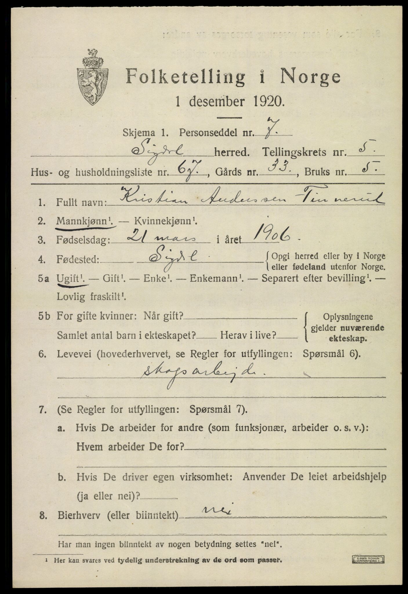 SAKO, Folketelling 1920 for 0621 Sigdal herred, 1920, s. 4538