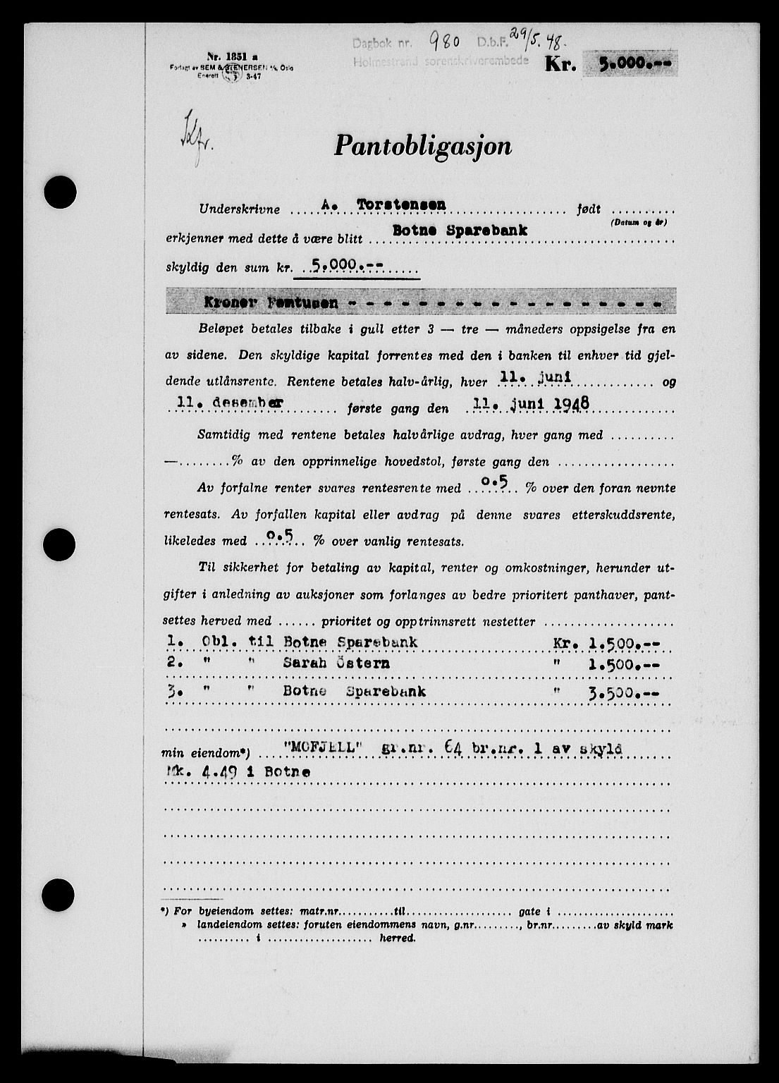 Holmestrand sorenskriveri, SAKO/A-67/G/Ga/Gab/L0058: Pantebok nr. B-58, 1947-1948, Dagboknr: 980/1948