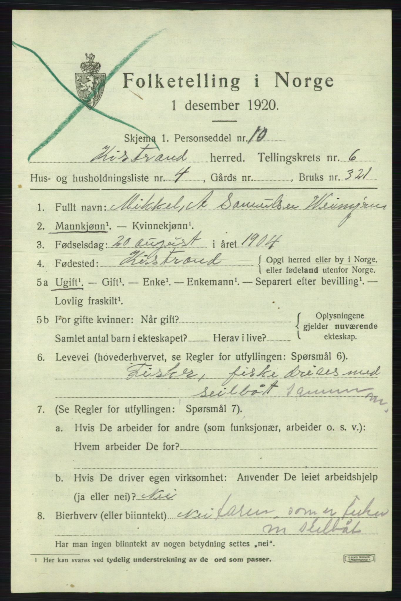 SATØ, Folketelling 1920 for 2020 Kistrand herred, 1920, s. 3676