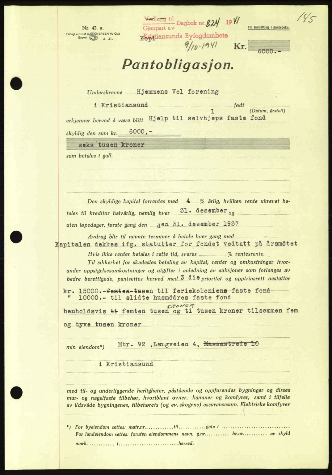 Kristiansund byfogd, AV/SAT-A-4587/A/27: Pantebok nr. 35, 1941-1942, Dagboknr: 824/1941