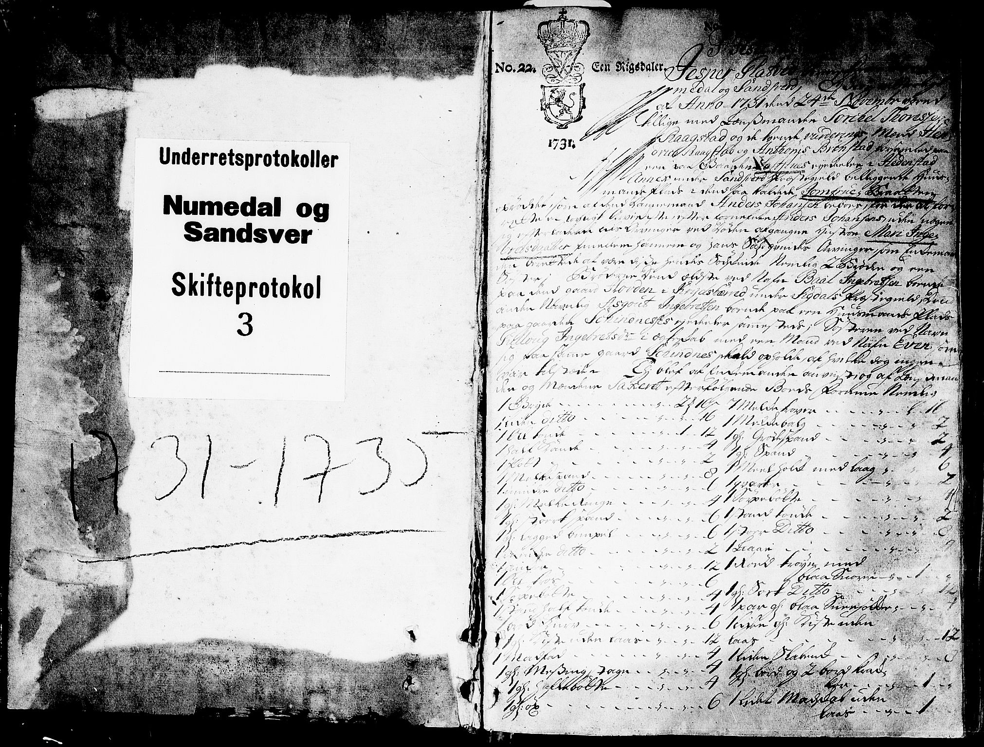 Numedal og Sandsvær sorenskriveri, AV/SAKO-A-128/H/Hb/Hba/L0003: Skifteprotokoll, 1731-1735, s. 0b-1a
