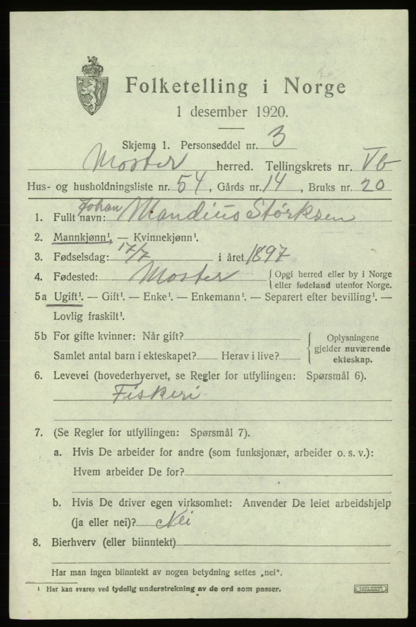 SAB, Folketelling 1920 for 1218 Moster herred, 1920, s. 2551