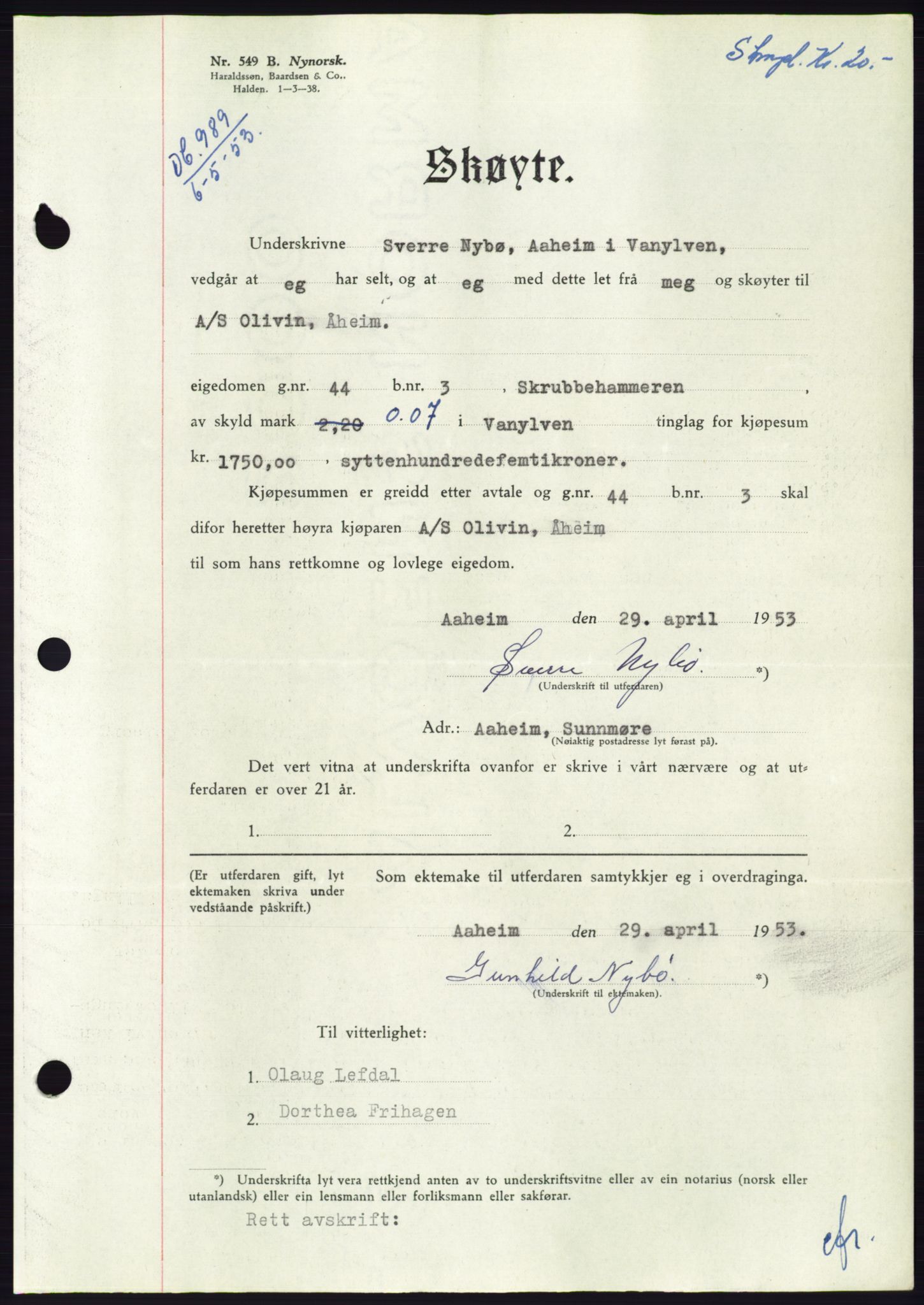 Søre Sunnmøre sorenskriveri, SAT/A-4122/1/2/2C/L0094: Pantebok nr. 20A, 1953-1953, Dagboknr: 989/1953