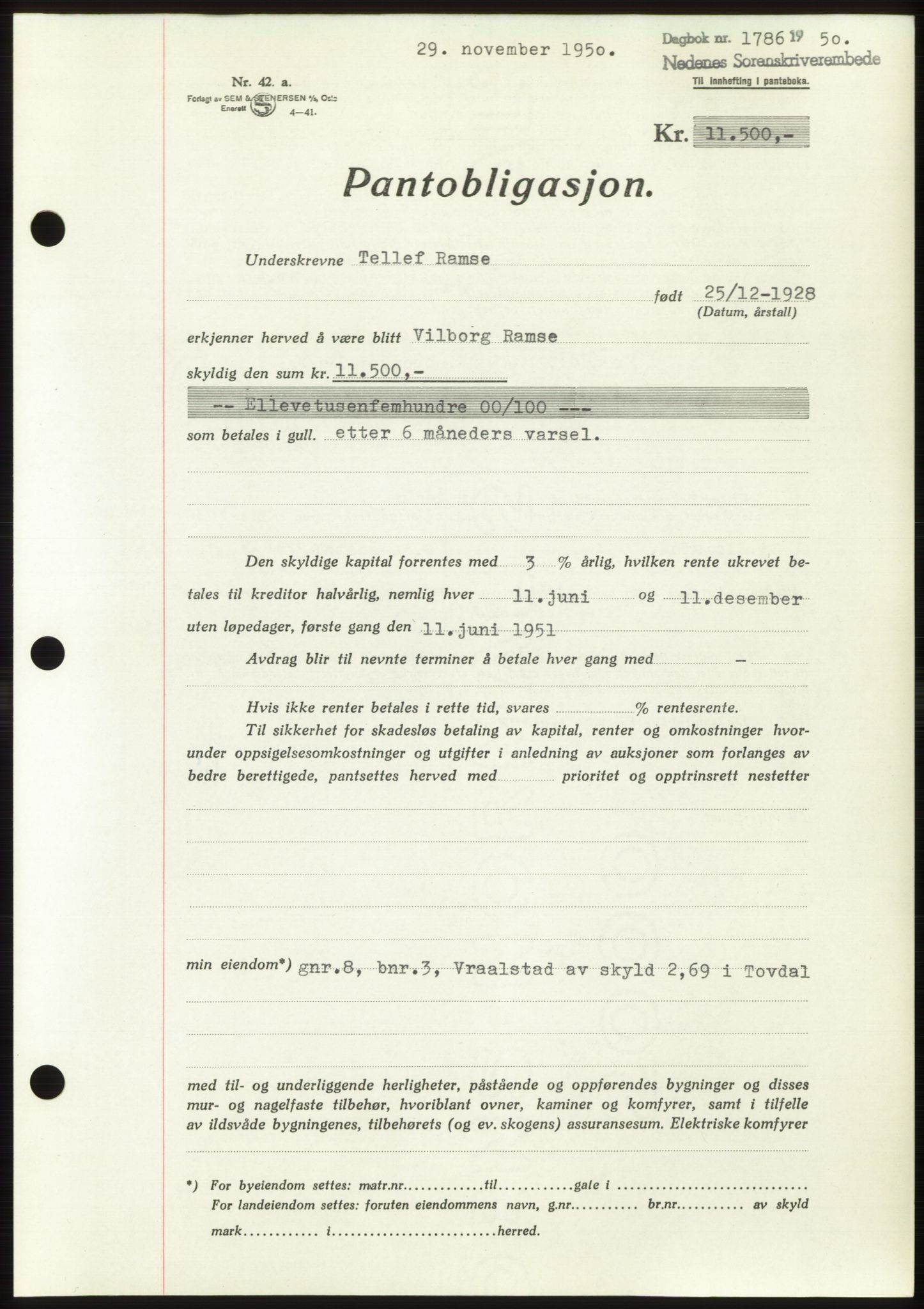 Nedenes sorenskriveri, SAK/1221-0006/G/Gb/Gbb/L0008: Pantebok nr. B8, 1950-1950, Dagboknr: 1786/1950