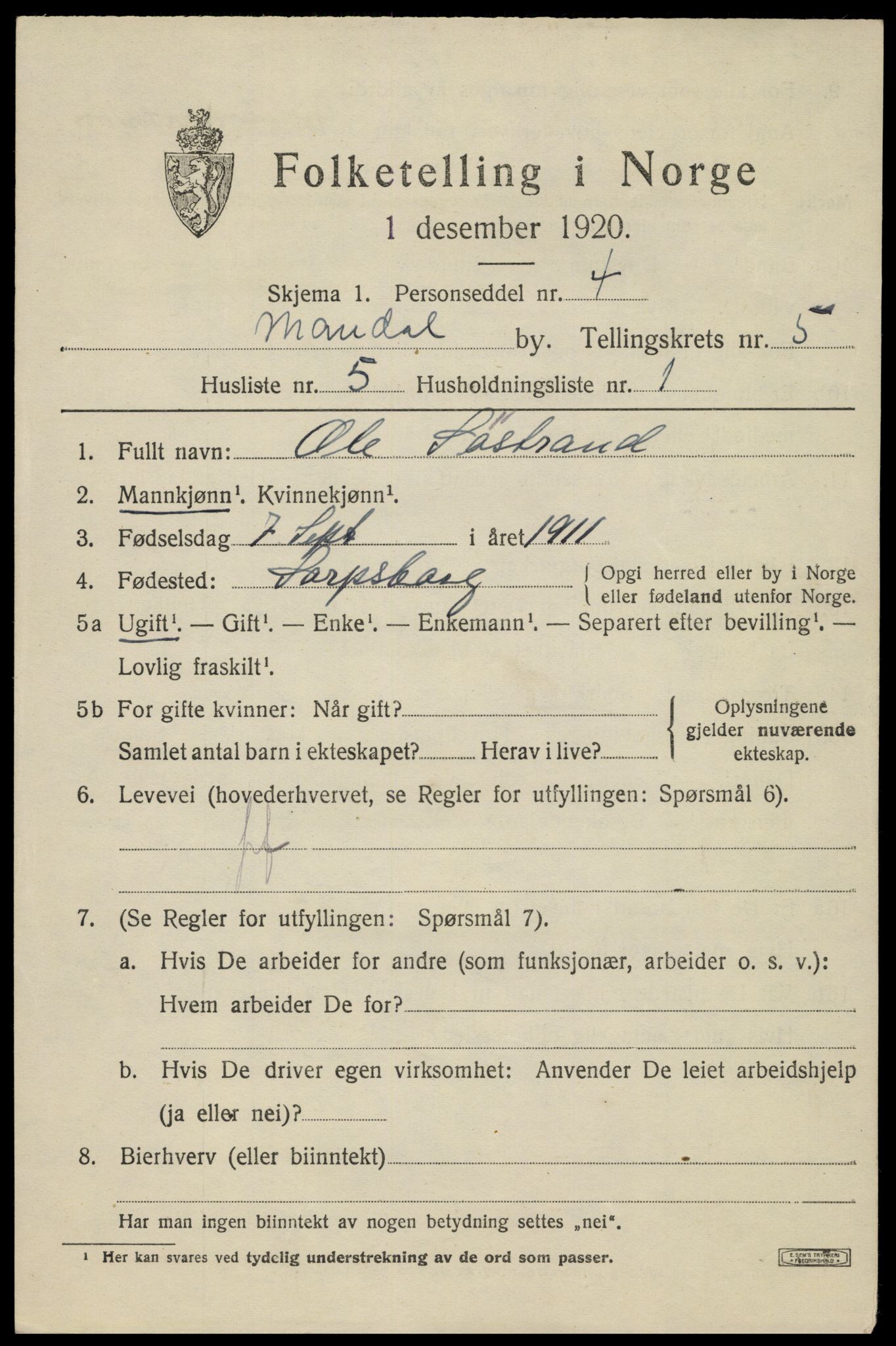 SAK, Folketelling 1920 for 1002 Mandal ladested, 1920, s. 8241