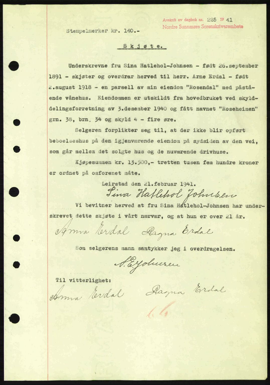 Nordre Sunnmøre sorenskriveri, SAT/A-0006/1/2/2C/2Ca: Pantebok nr. A10, 1940-1941, Dagboknr: 225/1941