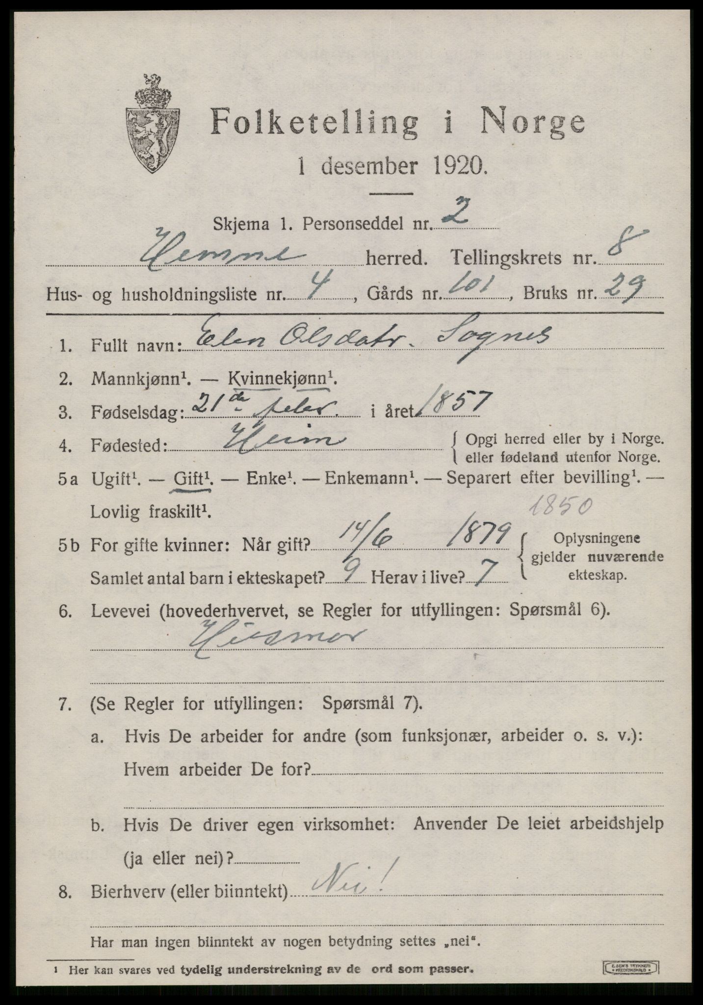 SAT, Folketelling 1920 for 1612 Hemne herred, 1920, s. 4710