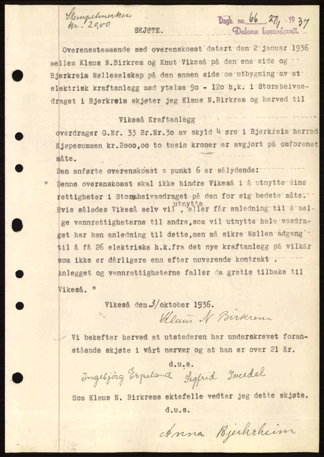 Dalane sorenskriveri, SAST/A-100309/02/G/Gb/L0041: Pantebok nr. A2, 1936-1937, Dagboknr: 66/1937