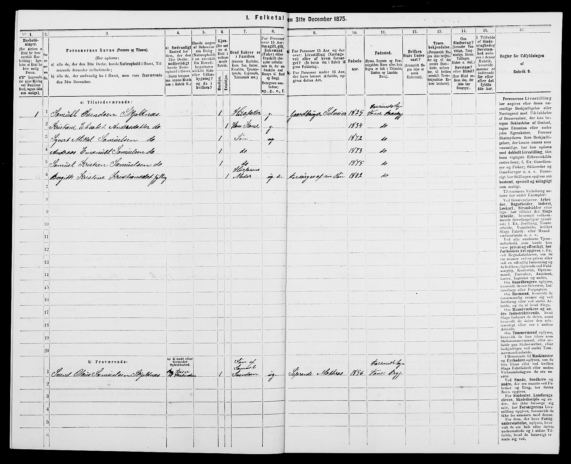 SAK, Folketelling 1875 for 1041L Vanse prestegjeld, Vanse sokn og Farsund landsokn, 1875, s. 465