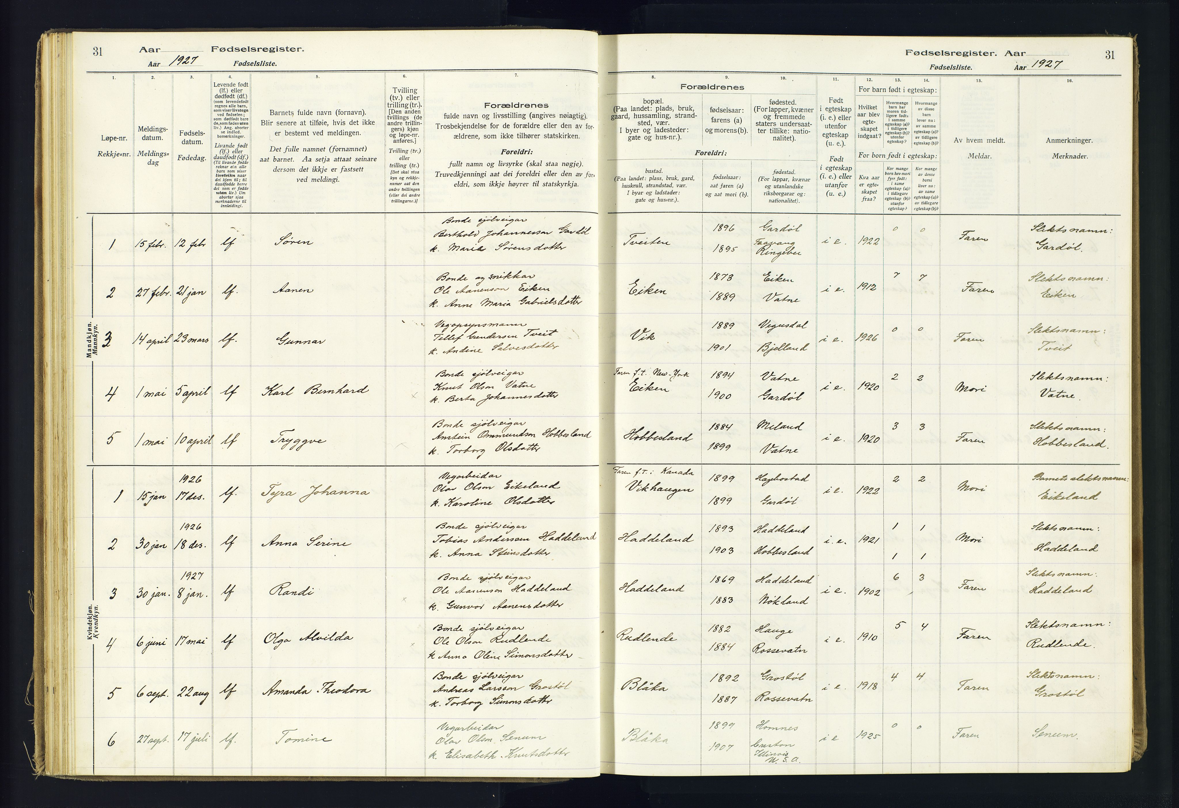 Hægebostad sokneprestkontor, SAK/1111-0024/J/Ja/L0002: Fødselsregister nr. II.6.8, 1916-1982, s. 31