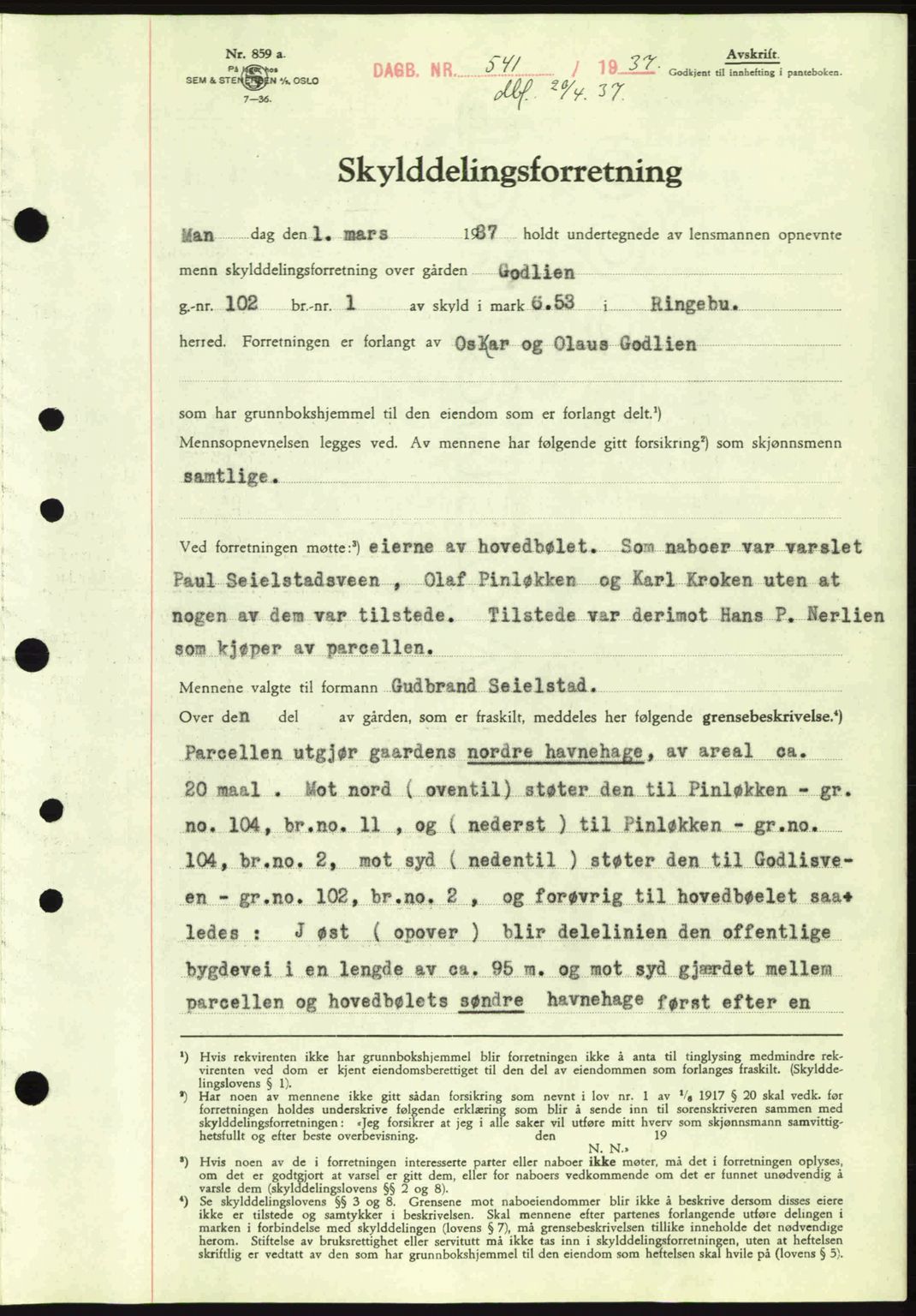 Sør-Gudbrandsdal tingrett, SAH/TING-004/H/Hb/Hbd/L0002: Pantebok nr. A2, 1936-1937, Dagboknr: 541/1937