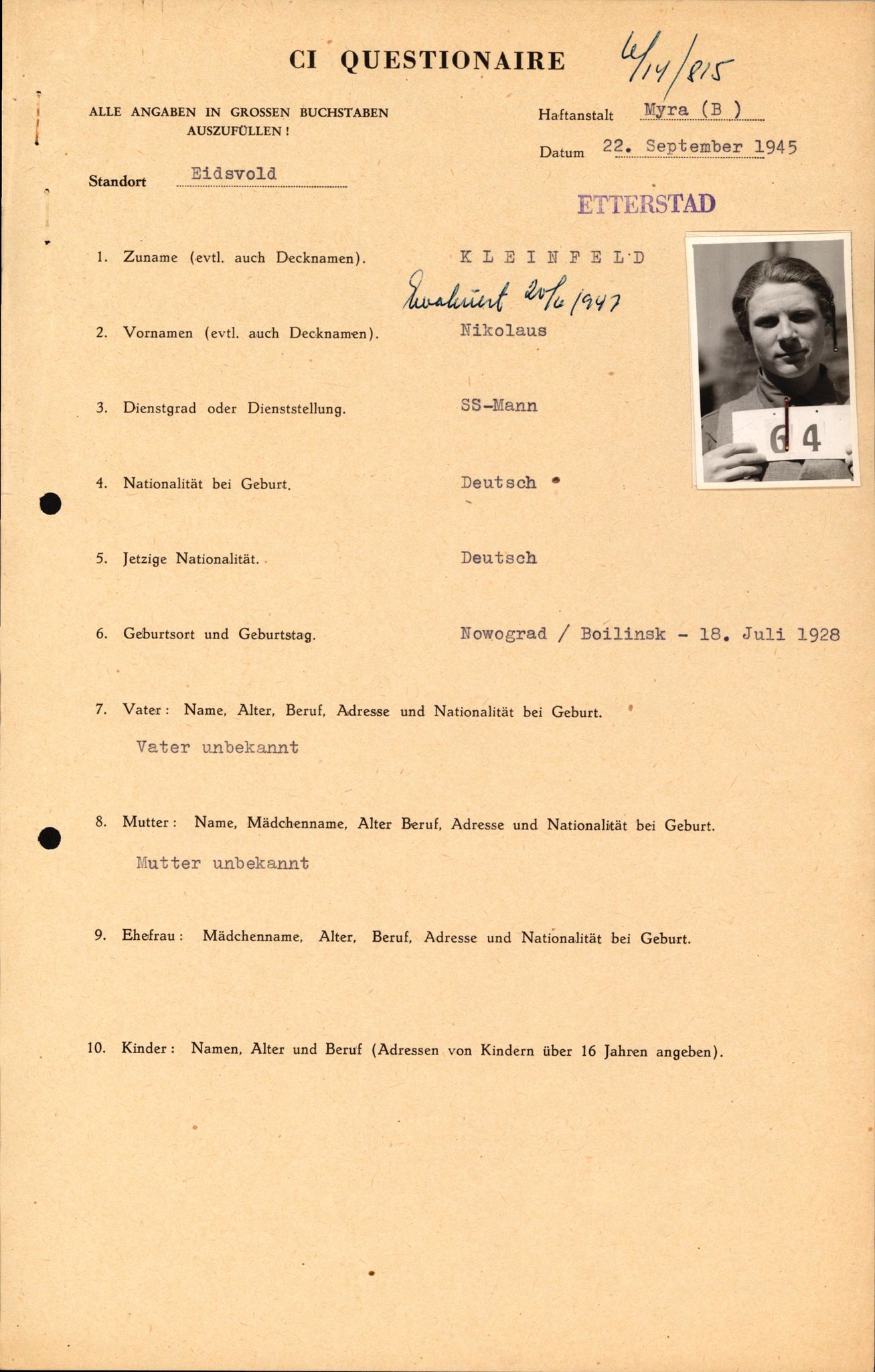 Forsvaret, Forsvarets overkommando II, AV/RA-RAFA-3915/D/Db/L0016: CI Questionaires. Tyske okkupasjonsstyrker i Norge. Tyskere., 1945-1946, s. 863