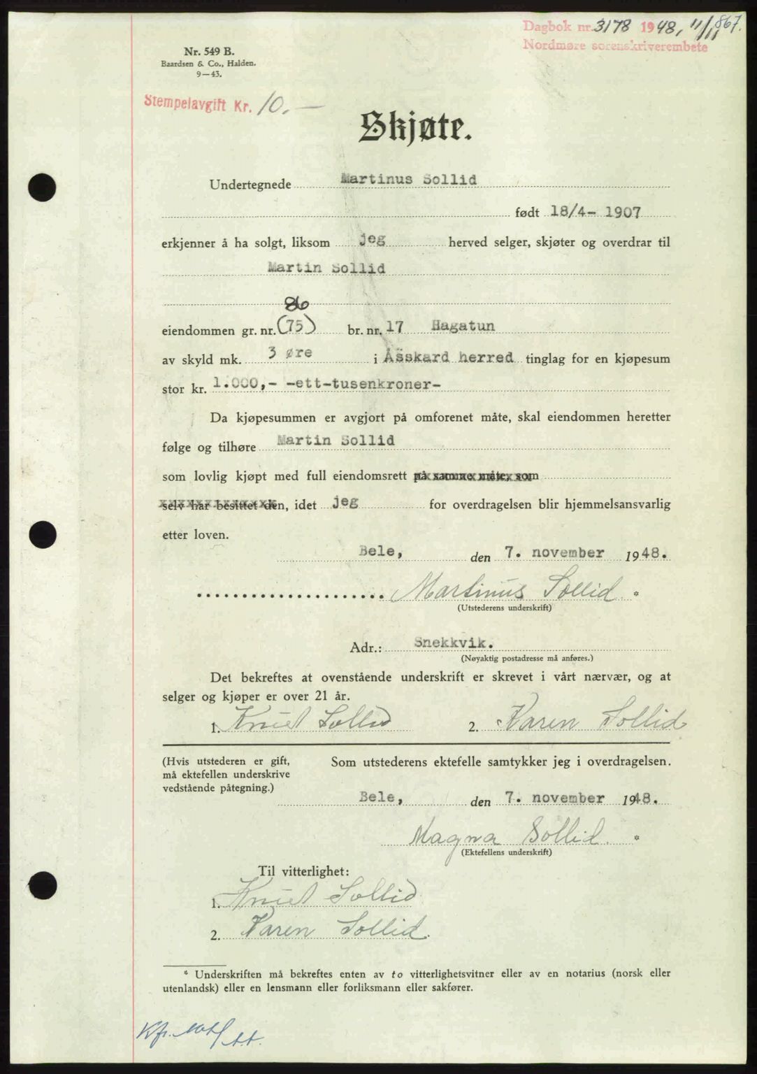 Nordmøre sorenskriveri, AV/SAT-A-4132/1/2/2Ca: Pantebok nr. A109, 1948-1948, Dagboknr: 3178/1948